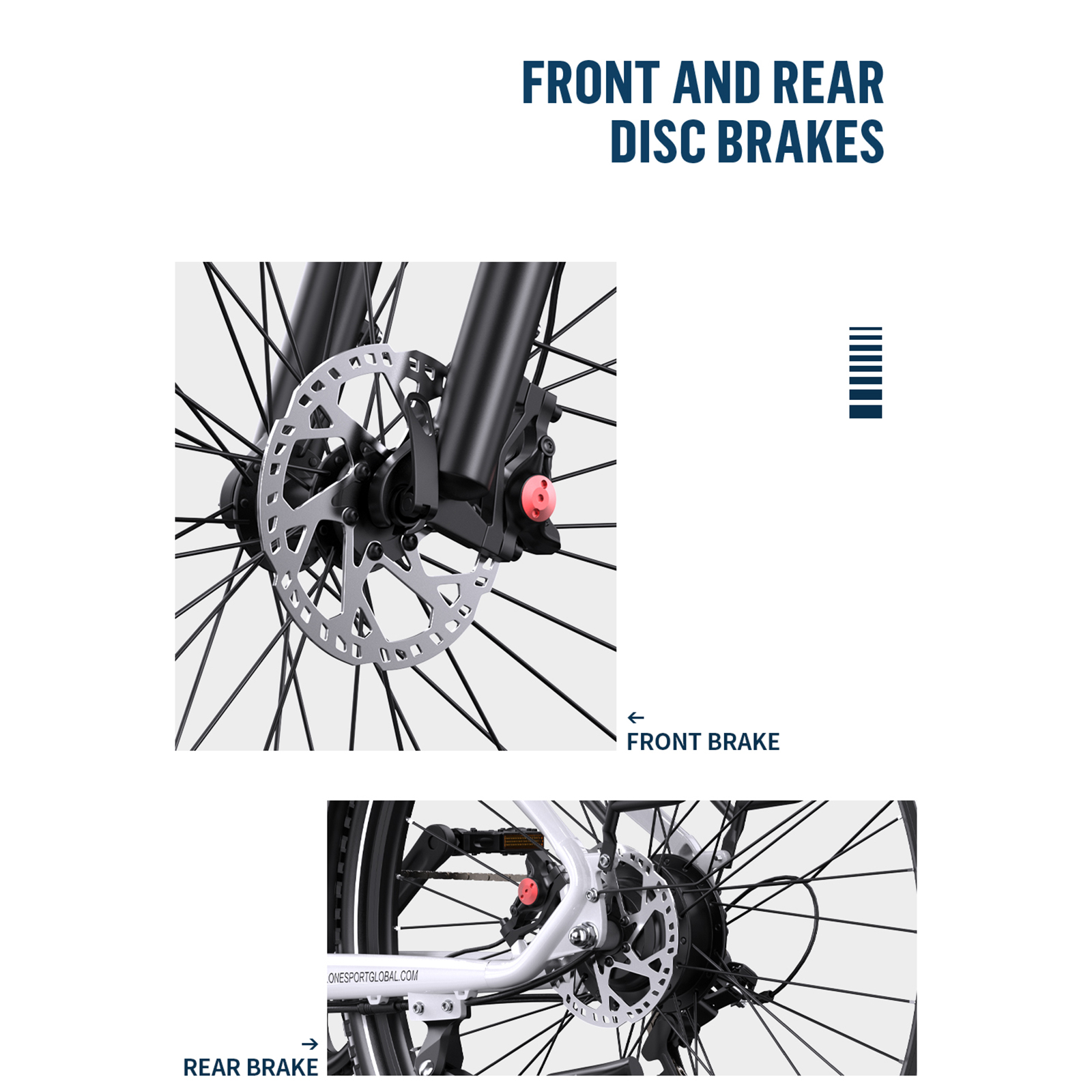Zbliżenie przednich i tylnych hamulców tarczowych na kole roweru. Strzałki wskazują na każdy element hamulca.