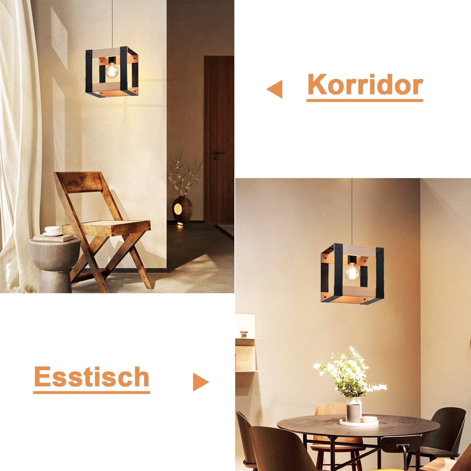 Eine moderne Lampe hängt in einem Raum. Die Lampe hat einen Holzrahmen und eine Glühbirne im Inneren. Es gibt einen Stuhl.