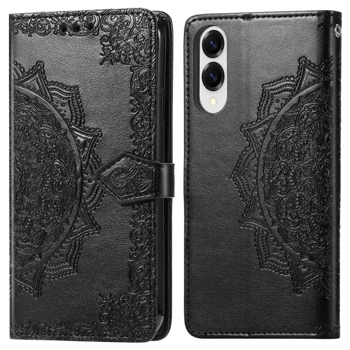 Een zwarte telefoonhoes met een mandala-ontwerp. De telefoonhoes is open en dicht.