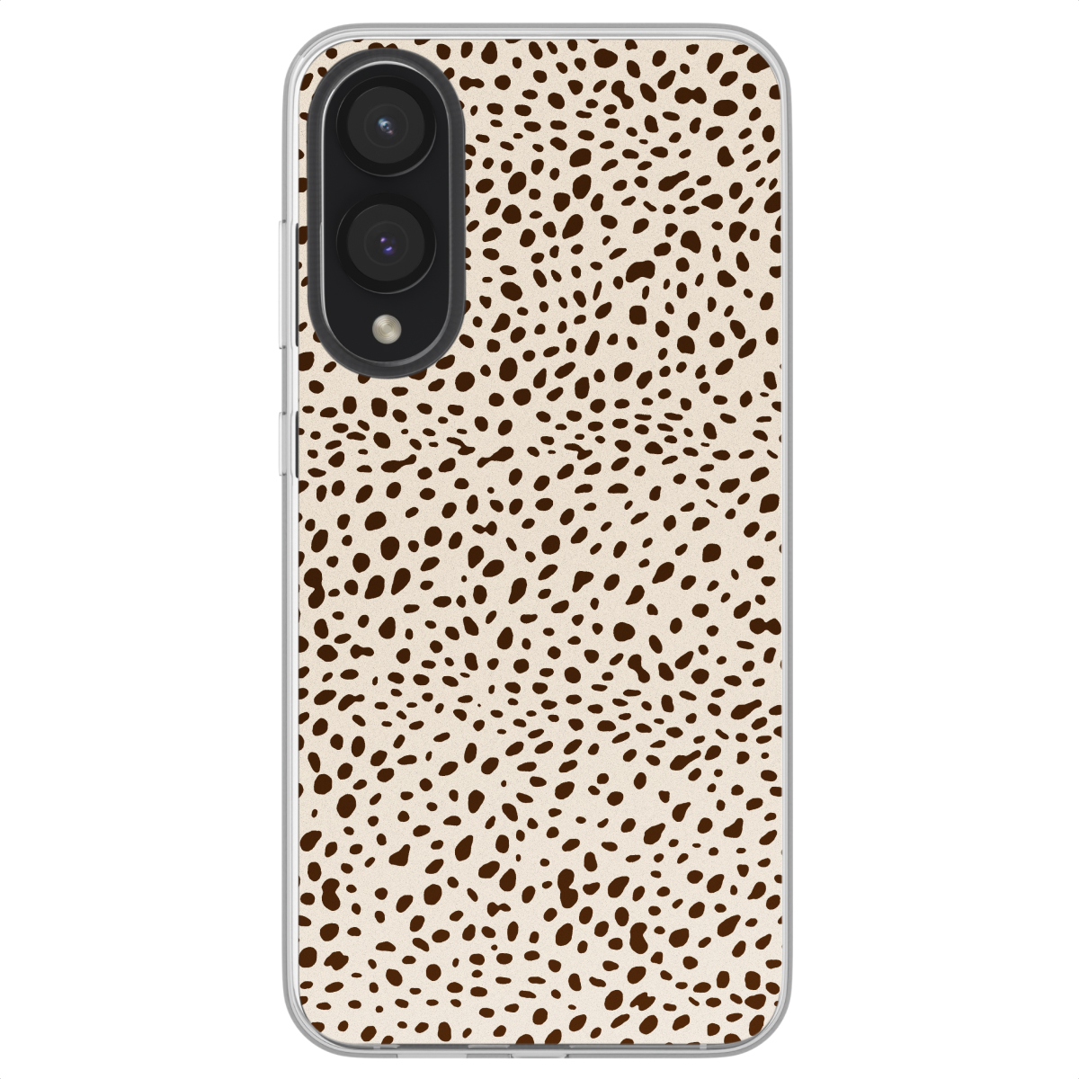 Telefoonhoesje met bruine vlekken. Telefoon binnenin met verhoogde randen.