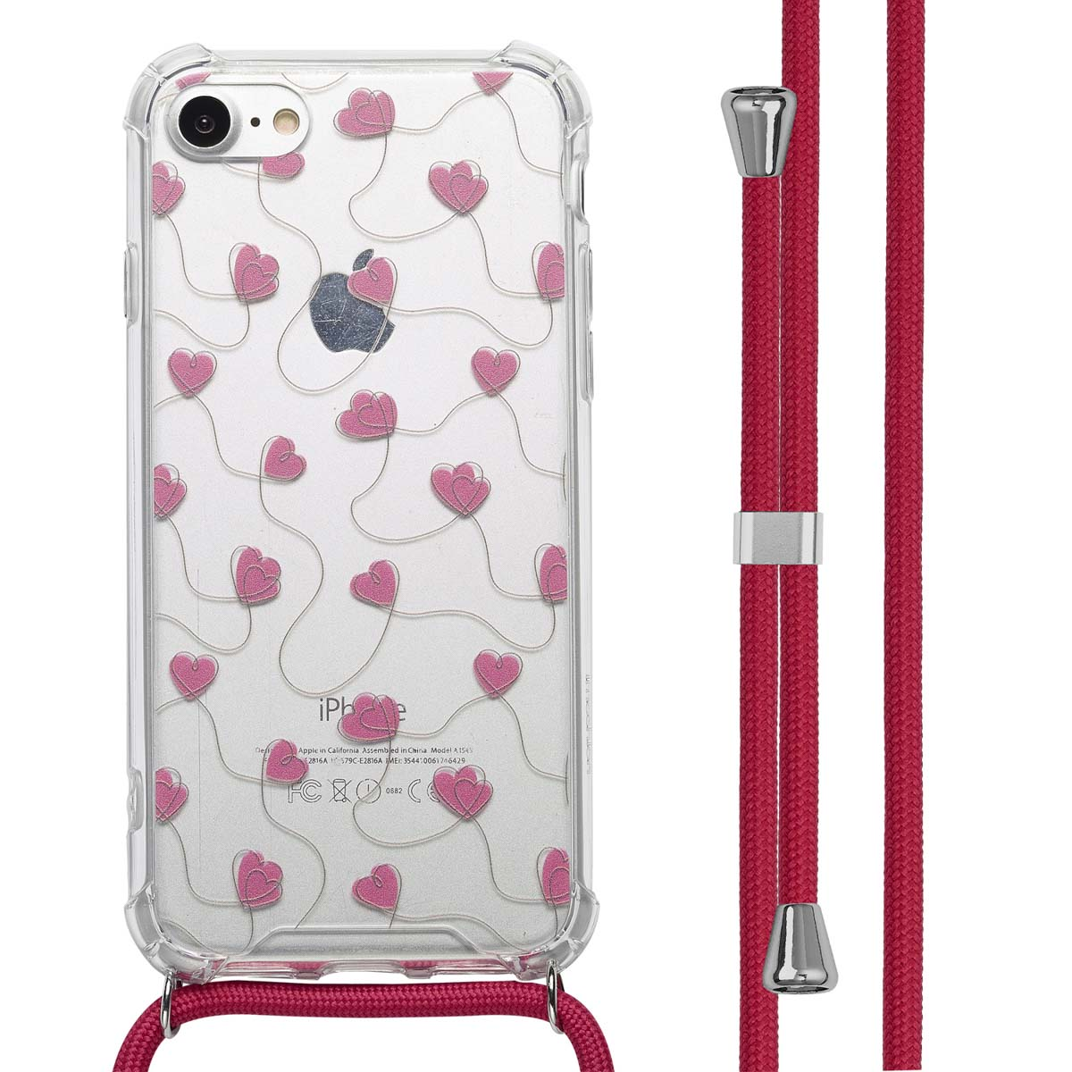 Een doorzichtig telefoonhoesje met roze hartjes en een rood koord.