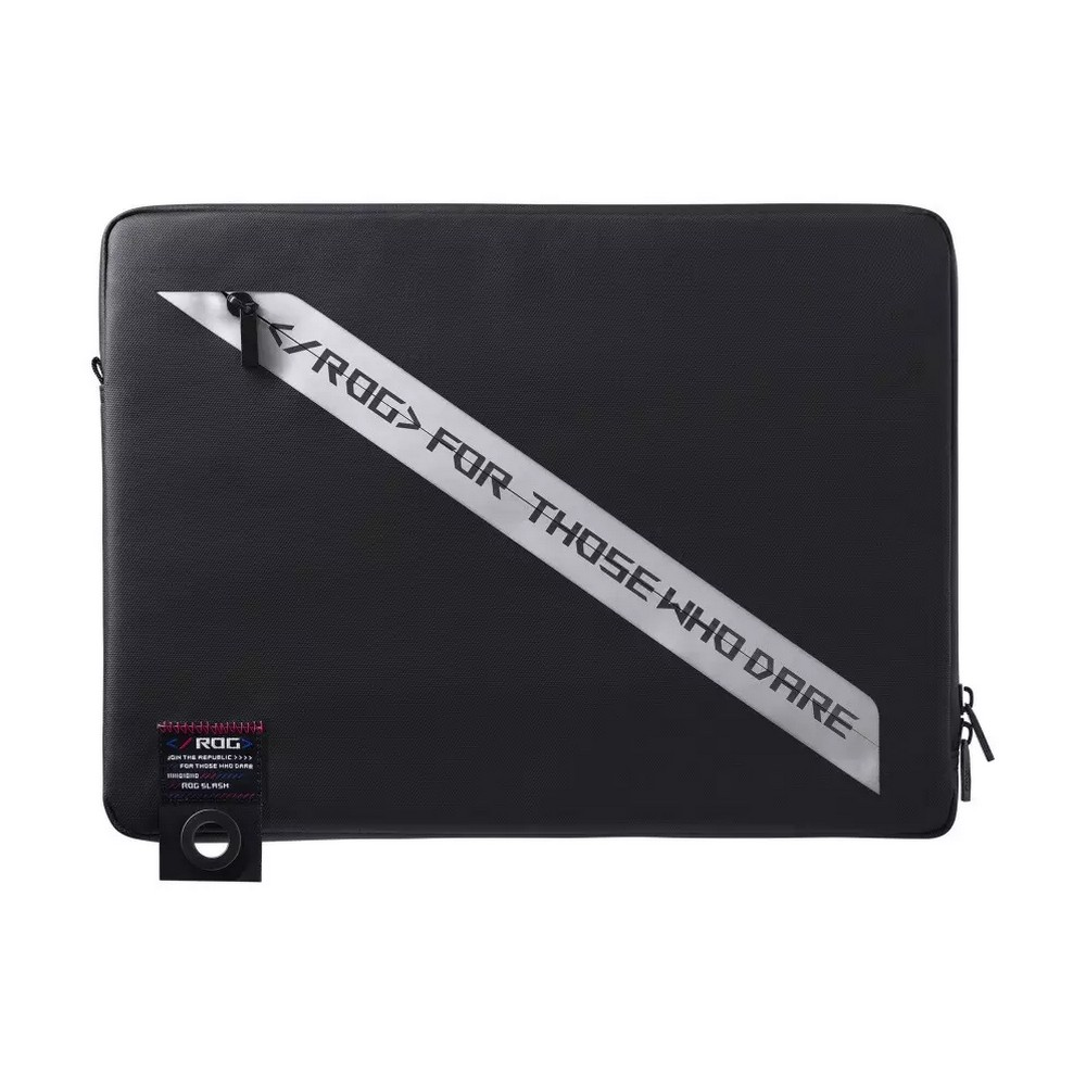 Una custodia per laptop nera con una striscia bianca diagonale con testo e una piccola etichetta nera.