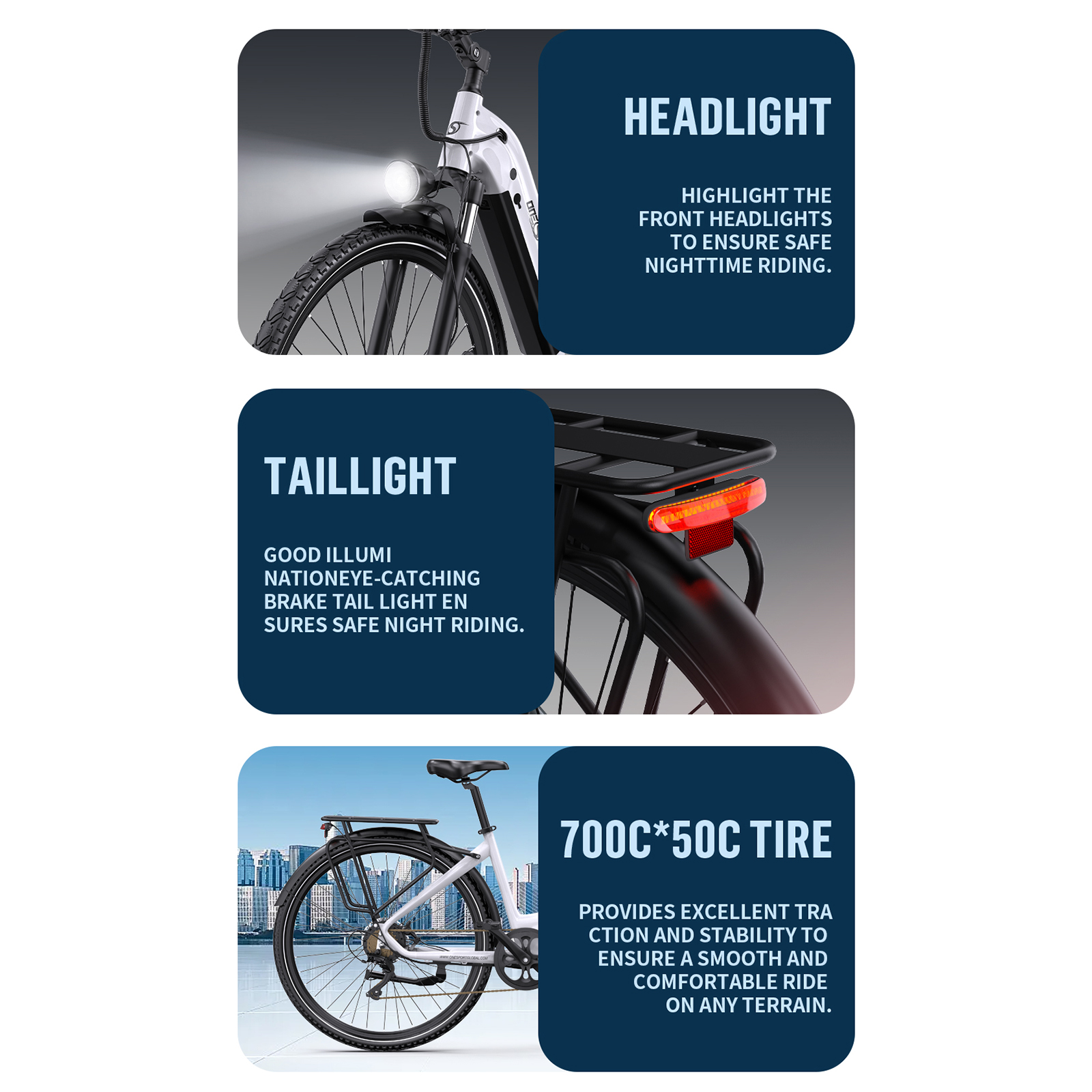 Zdjęcia roweru pokazujące reflektor, tylne światło i specyfikacje opon.