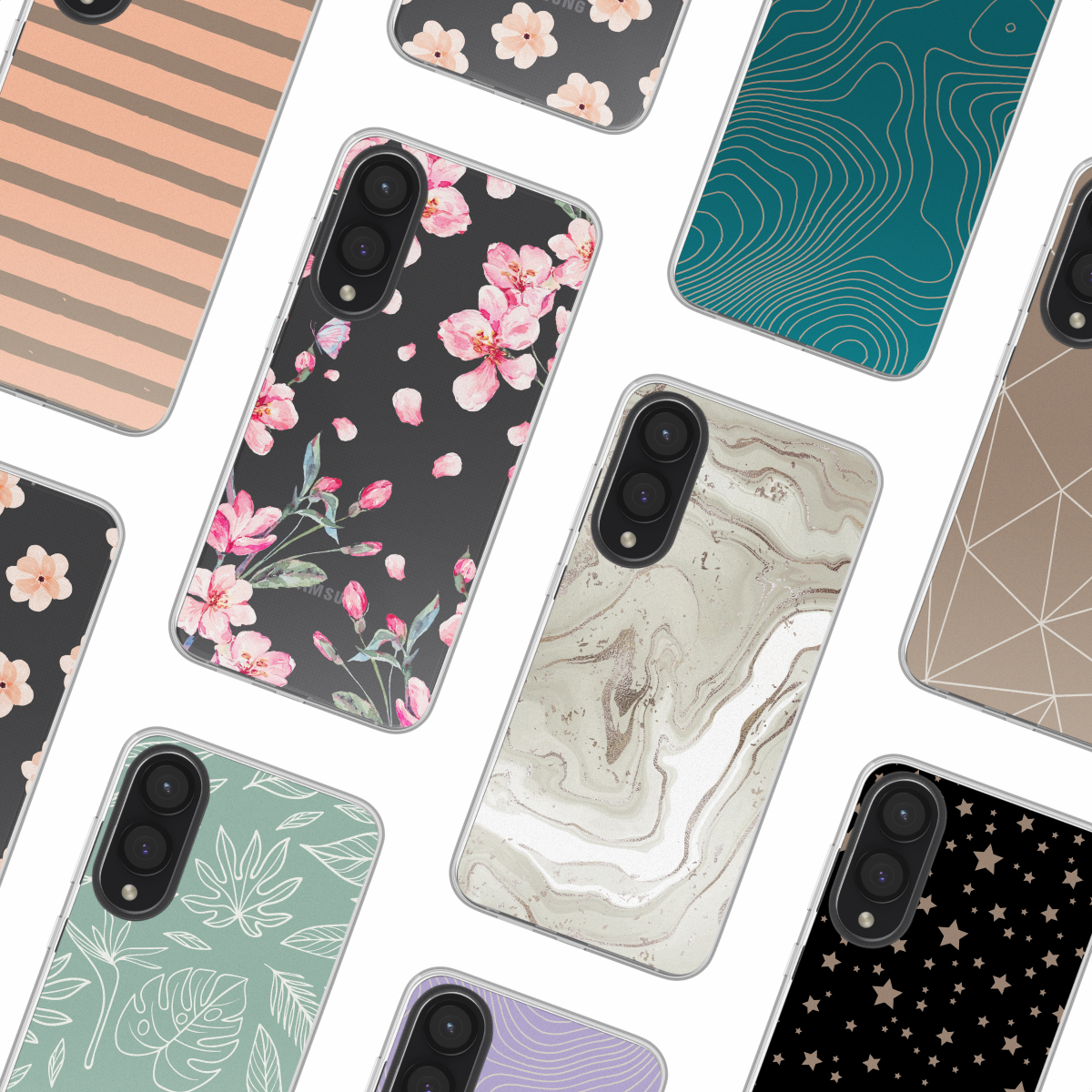 Meerdere telefoonhoesjes met verschillende ontwerpen, waaronder bloemen, geometrische patronen en marmer.