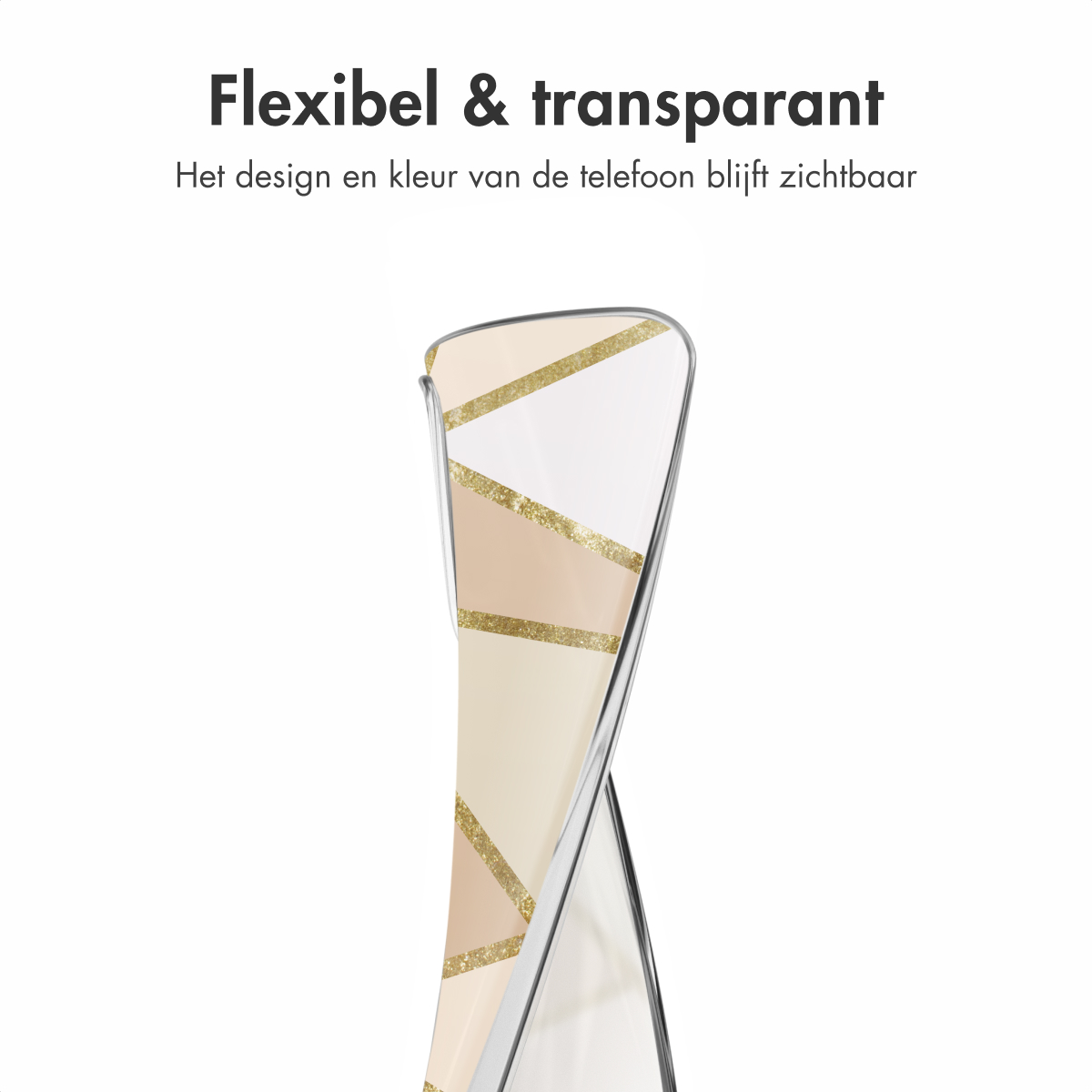 Doorzichtig telefoonhoesje gebogen, met een geometrisch ontwerp in goud en beige.