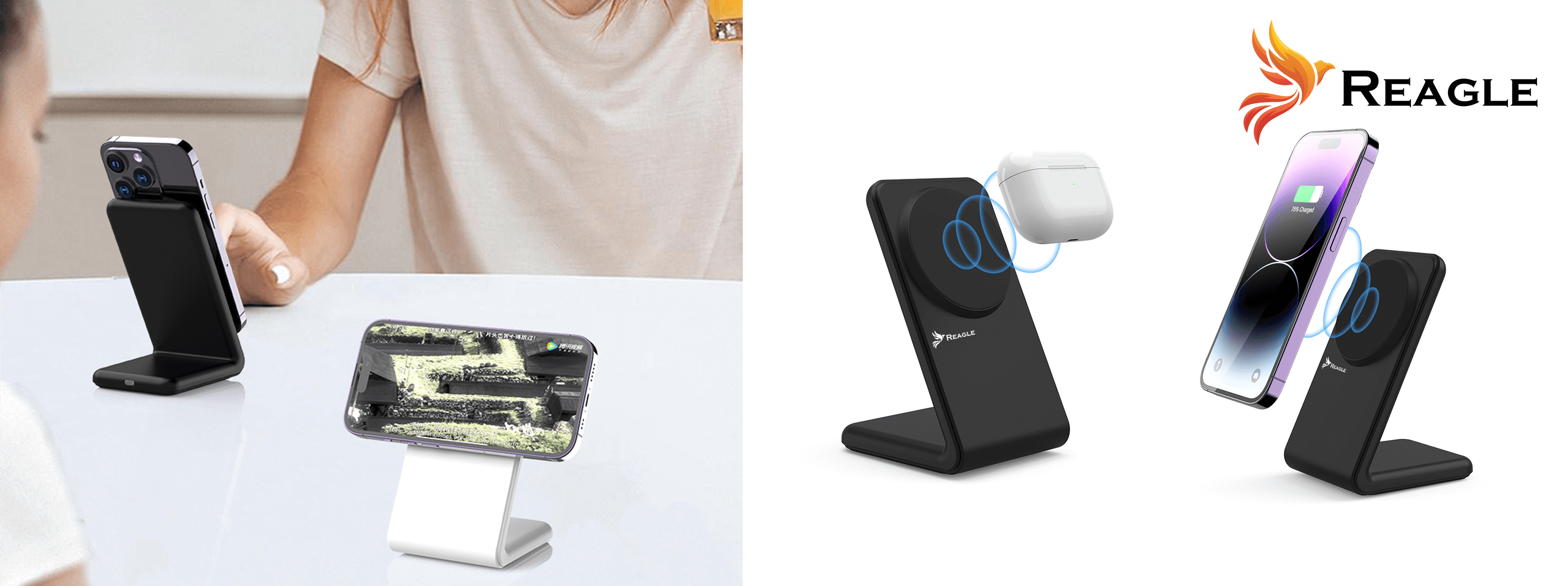 Obrazy pokazujące stojaki na telefony i ładowarki bezprzewodowe. Jeden pokazuje ładowanie telefonu, drugi telefon i słuchawki.