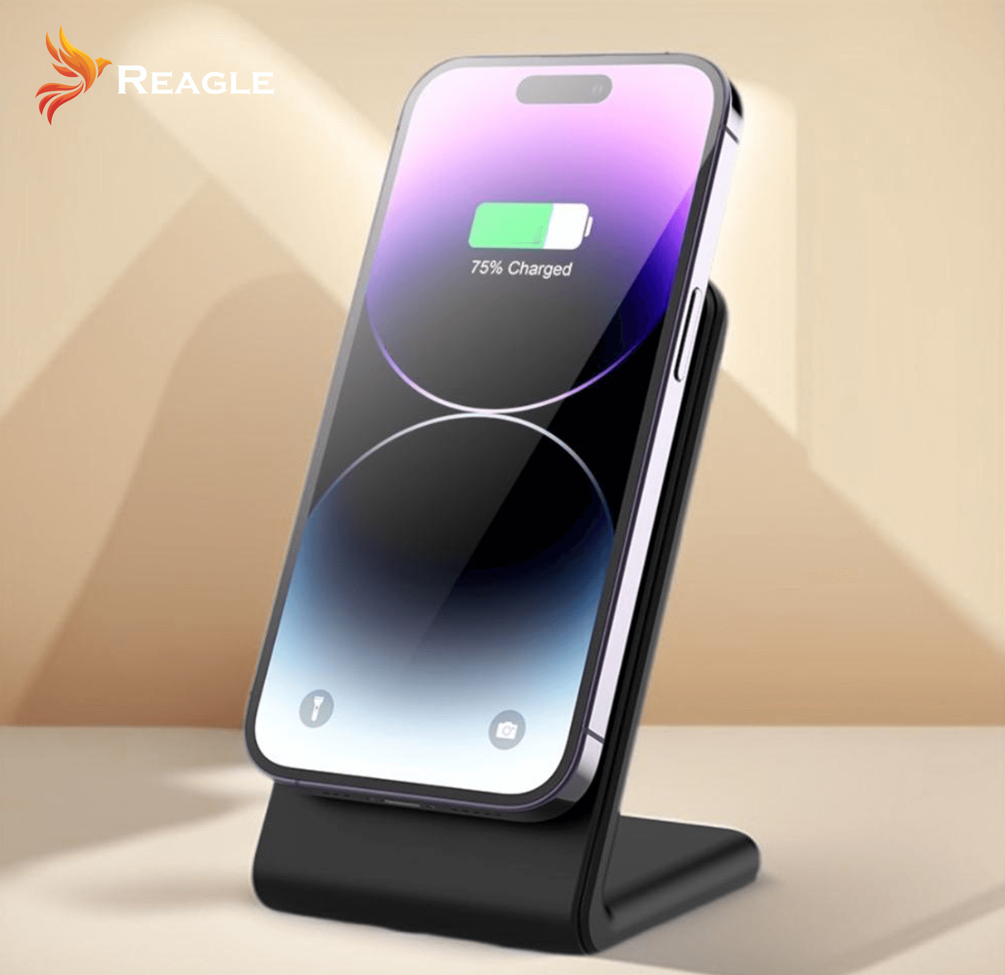 Czarna ładowarka bezprzewodowa z telefonem, pokazująca 75% naładowania, logo Reagle na górze.