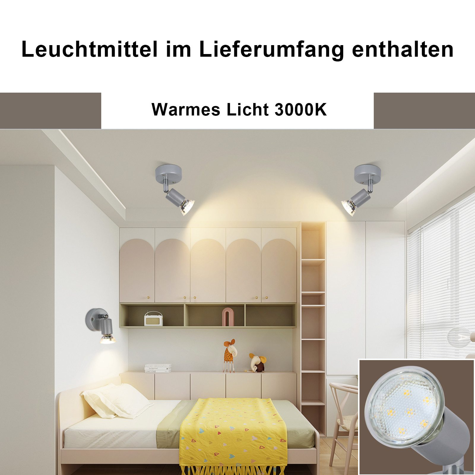 Pokój z dwoma reflektorami i ciepłym oświetleniem. Widoczna biała szafka i żółty koc.