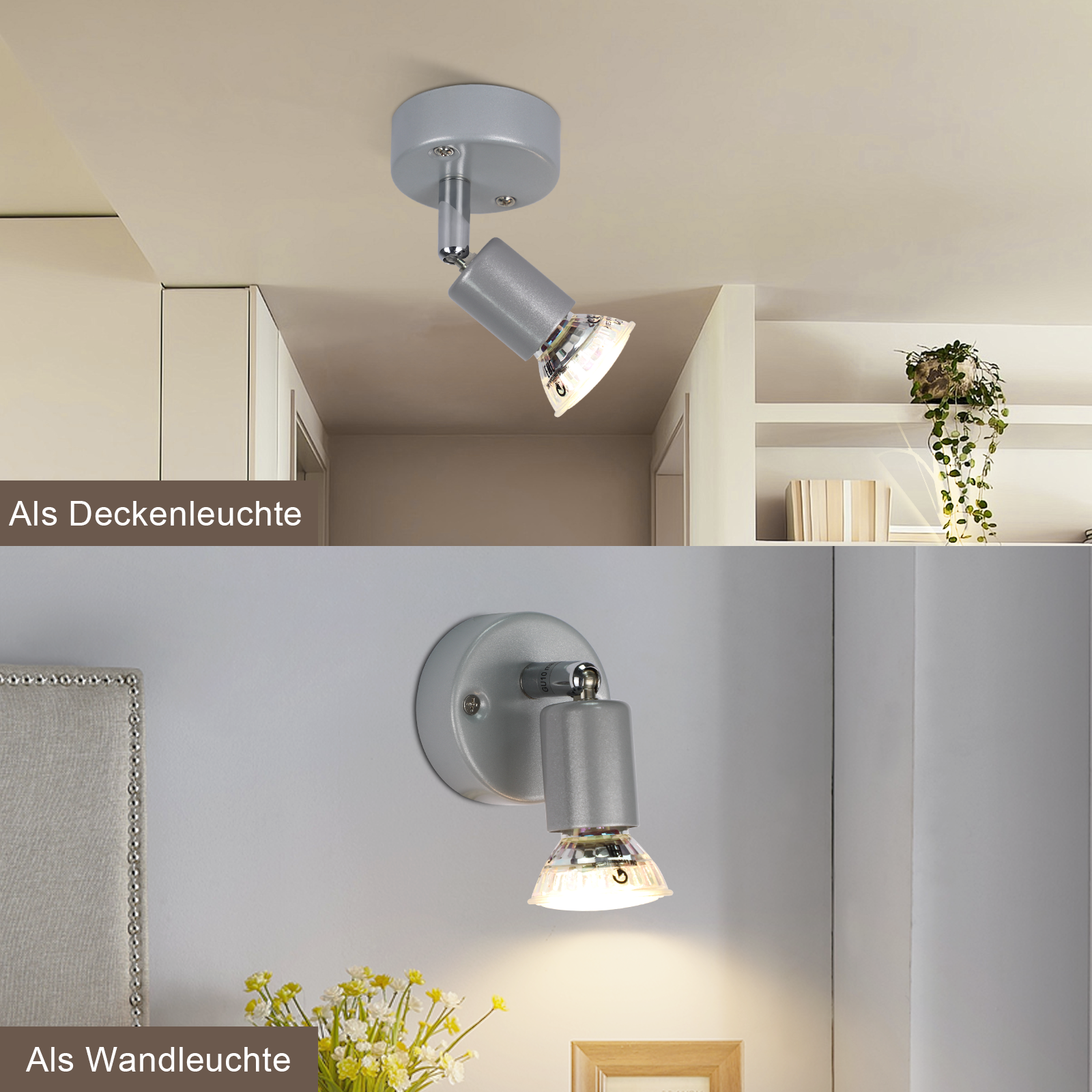 Dwa srebrne reflektory zamontowane na suficie i ścianie, oświetlające obszar.