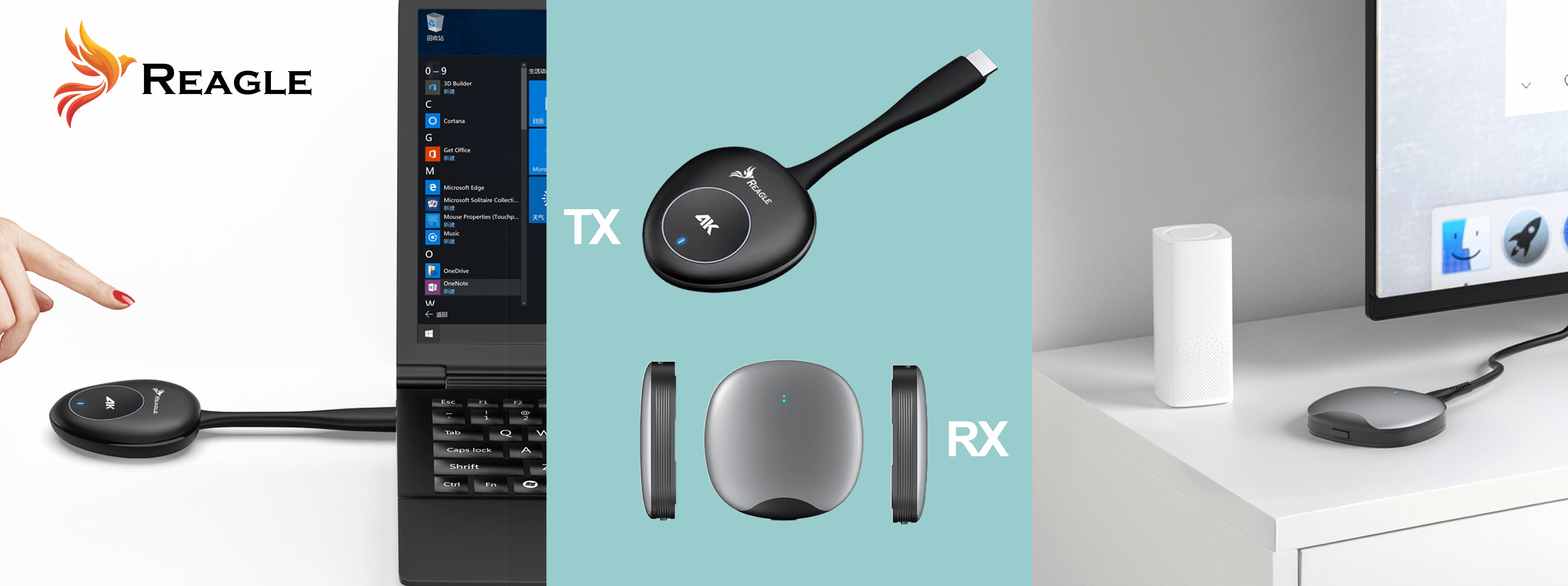 Urządzenie Reagle z laptopem i telewizorem. Obraz pokazuje urządzenie i odbicie ekranu.