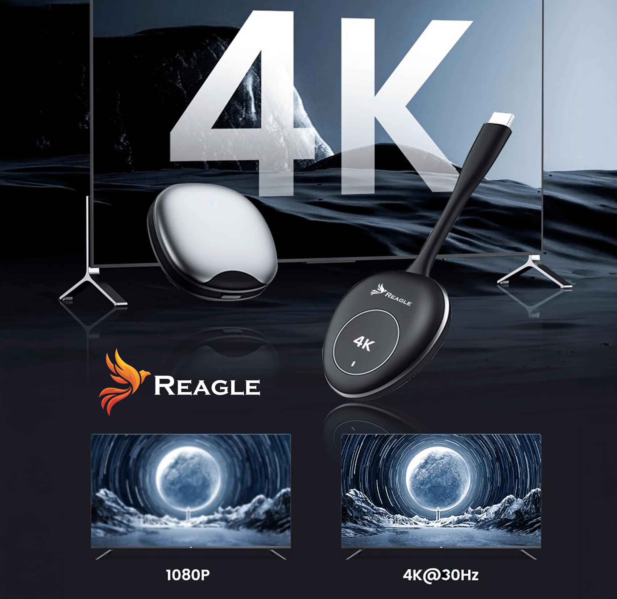 Dwa ekrany pokazujące urządzenia 4K Reagle i wyświetlacz 1080P. Widoczne logo Reagle.