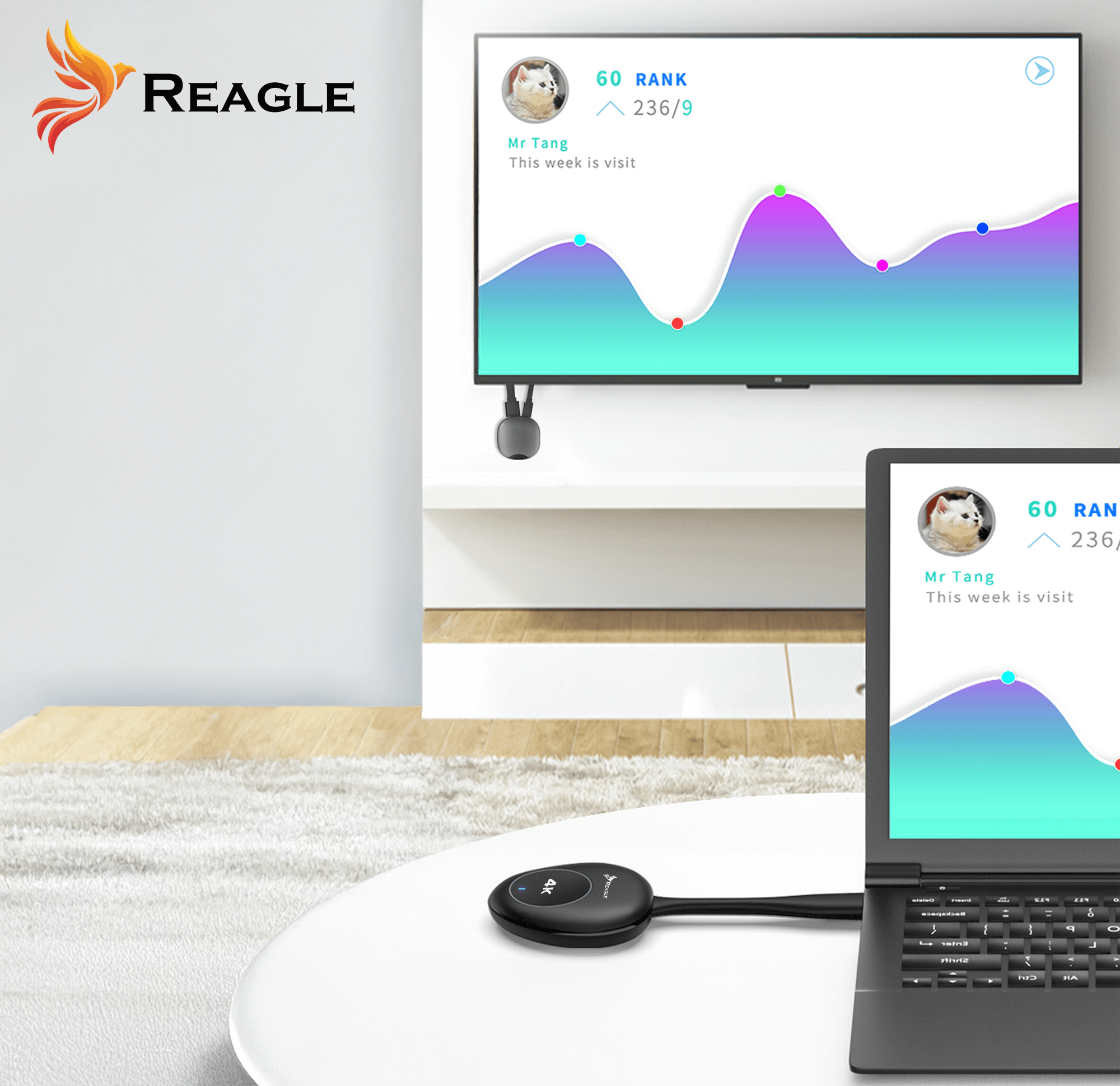 Ekran telewizora pokazujący analizy z laptopem i podłączonym urządzeniem na białym stole. Obecne jest logo Reagle.