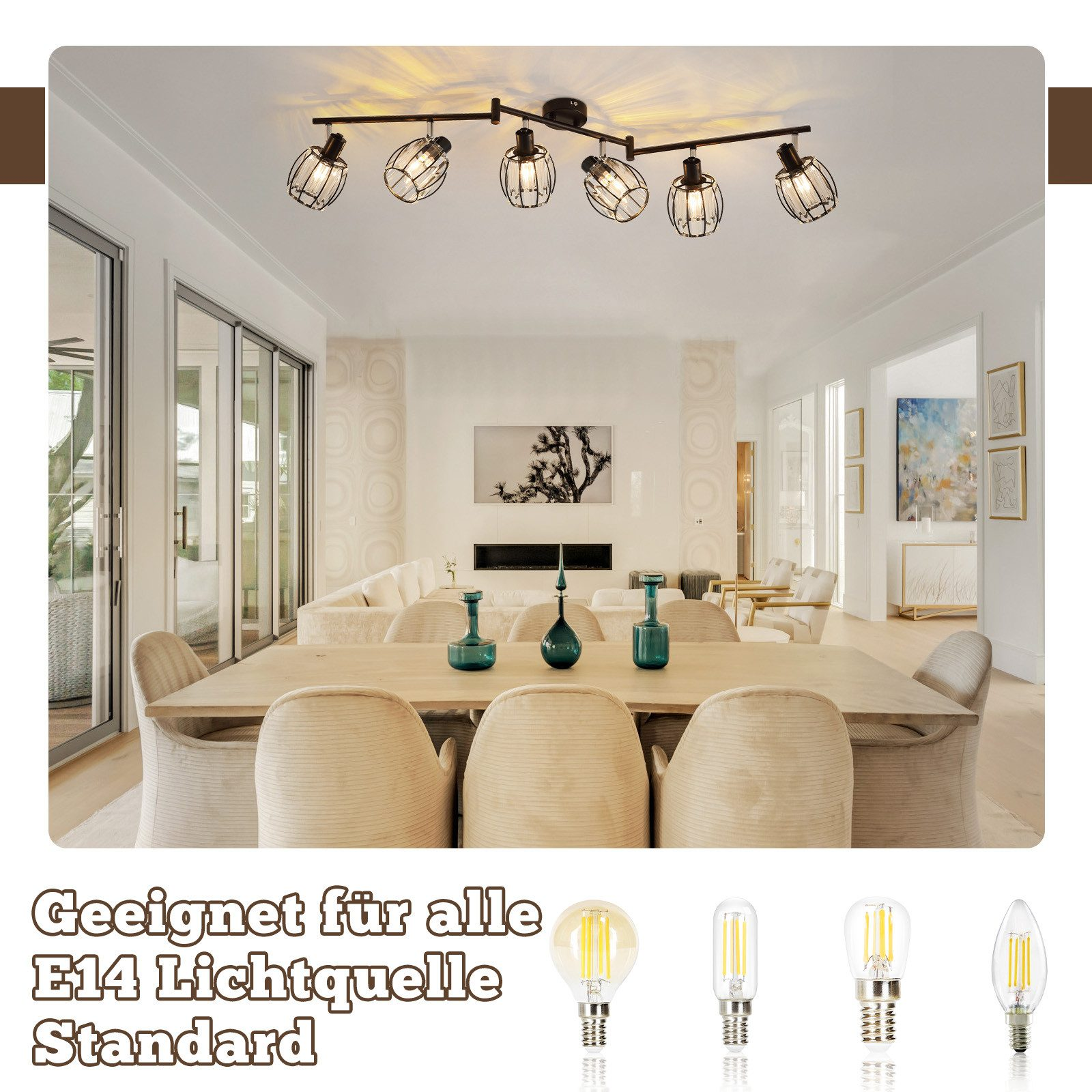 Oświetlenie szynowe z 6 reflektorami w salonie. Obecny jest drewniany stół i sofa.