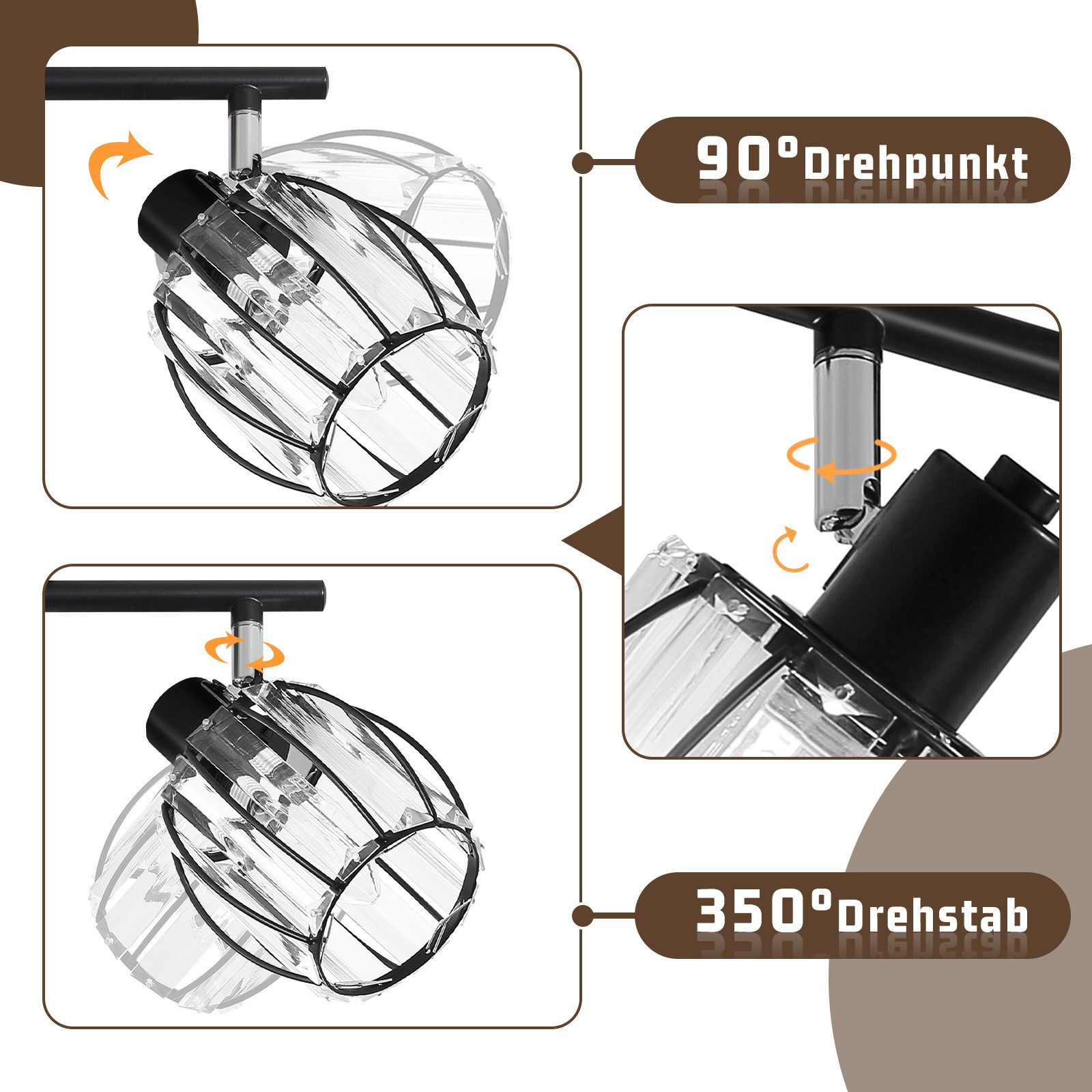 Zbliżenie czarnego reflektora z przezroczystym szkłem i metalowymi prętami. Obraca się o 90 i 350 stopni.