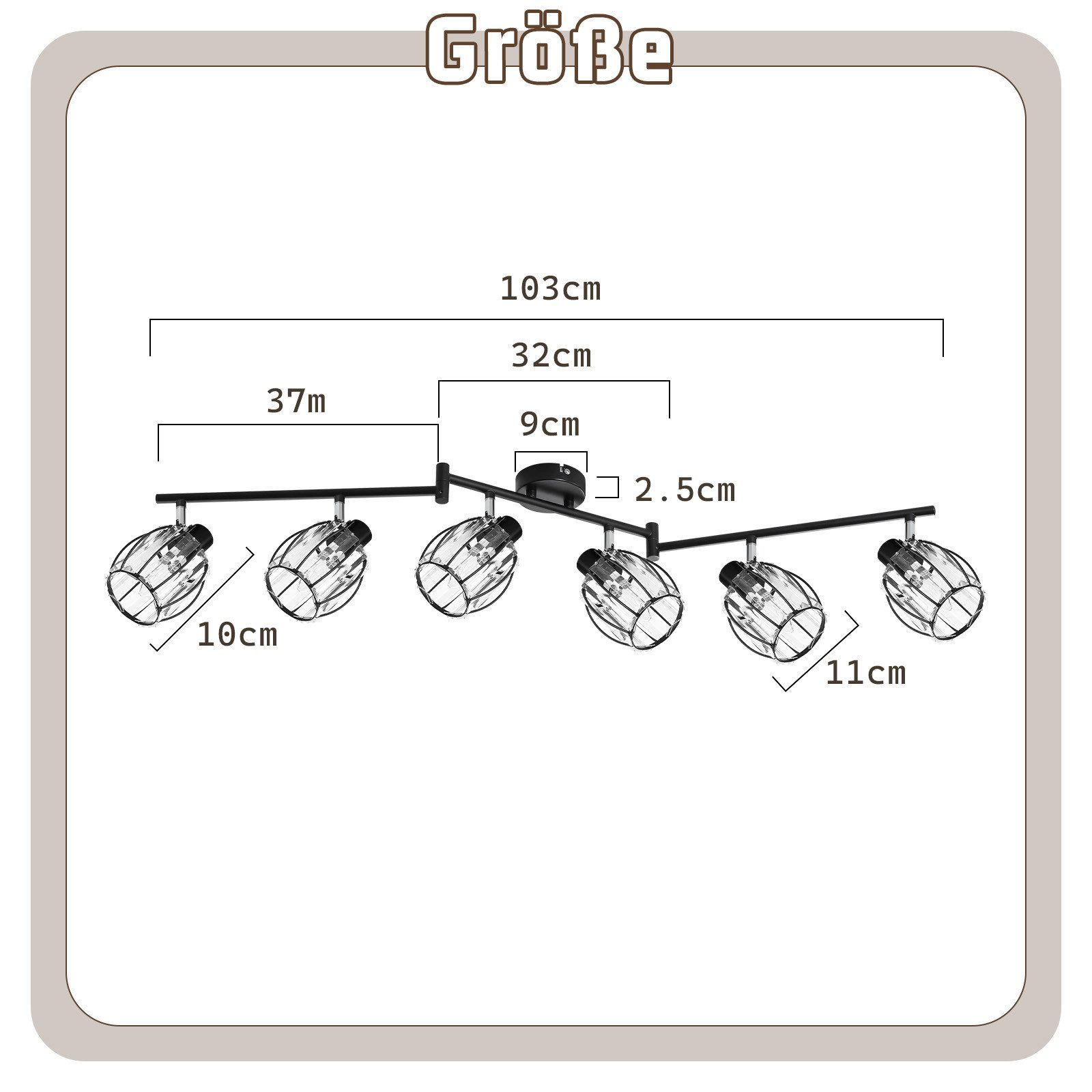 Czarna lampa sufitowa z sześcioma światłami. Wymiary i pomiary są wyświetlane wokół światła.