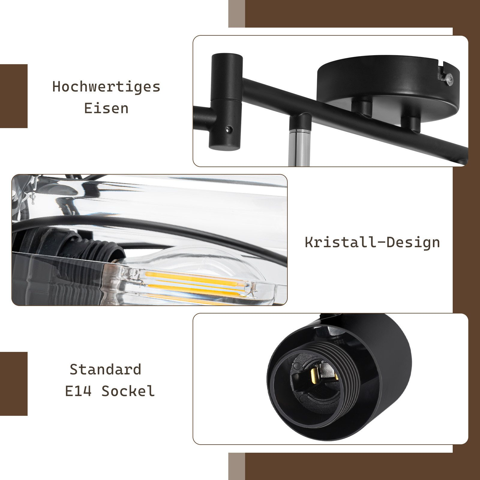 Zbliżenia czarnego światła. Pokazano szczegóły dotyczące żelaza, kryształowego designu i gniazda E14.