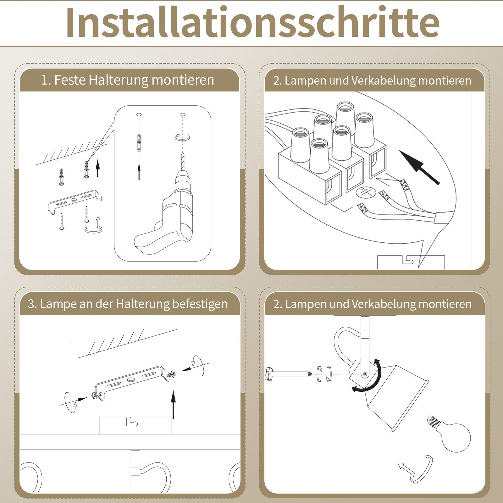 Instrukcje dotyczące instalacji oprawy oświetleniowej. Kroki pokazano na czterech schematach.