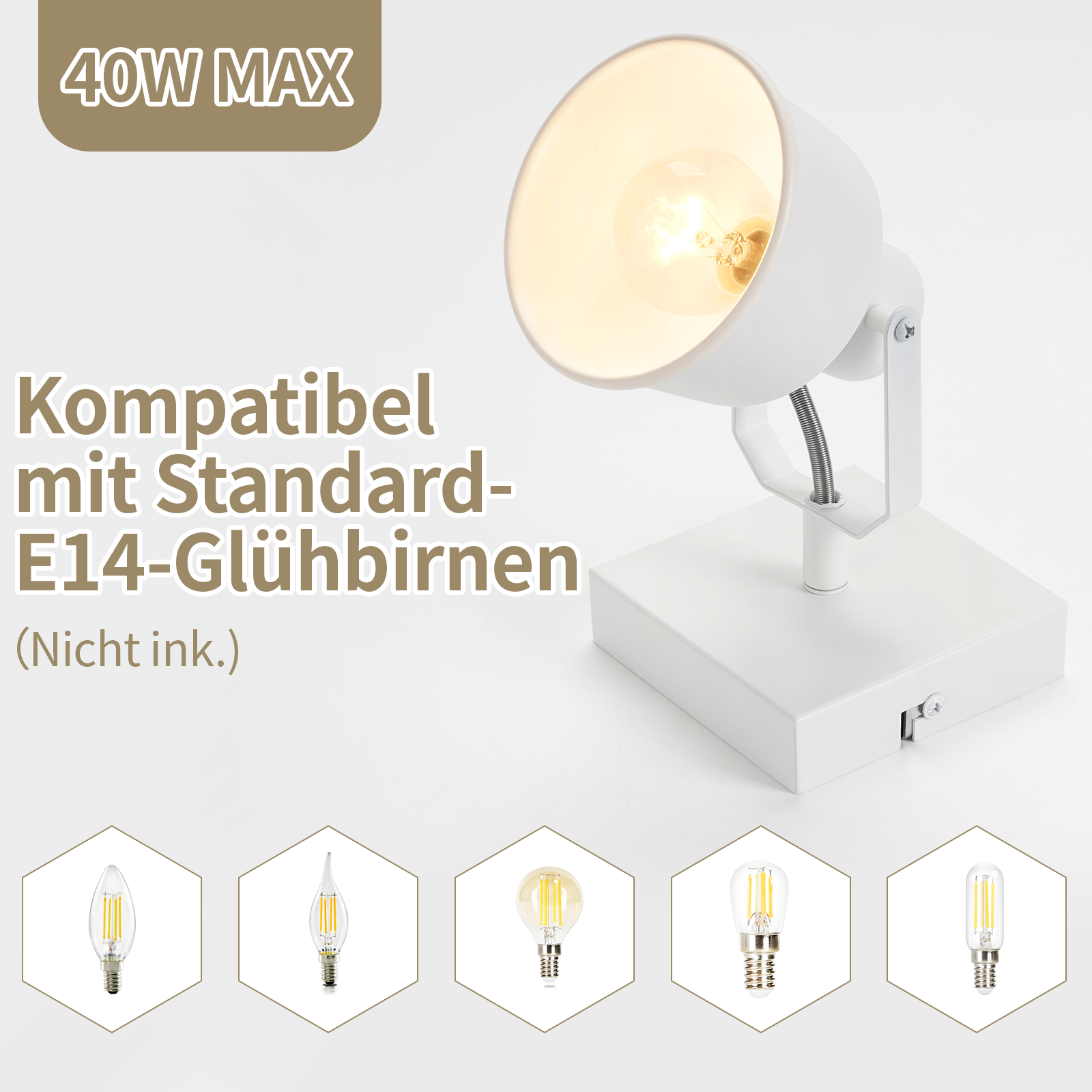 Biała lampa ze standardową żarówką E14. Pięć różnych typów żarówek wyświetlanych na dole.