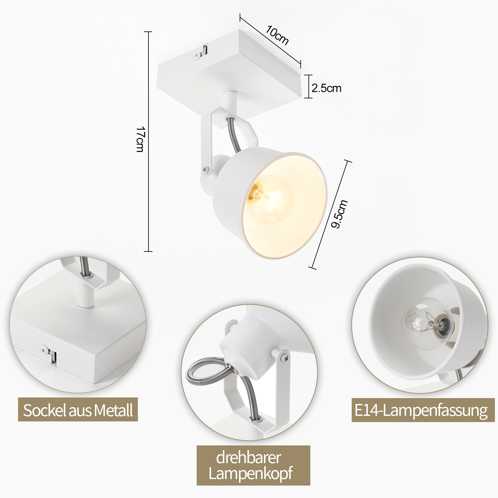 Biały reflektor z wymiarami i szczegółami. Tekst w języku niemieckim: drehbarer Lampenkopf, Sockel aus Metall.