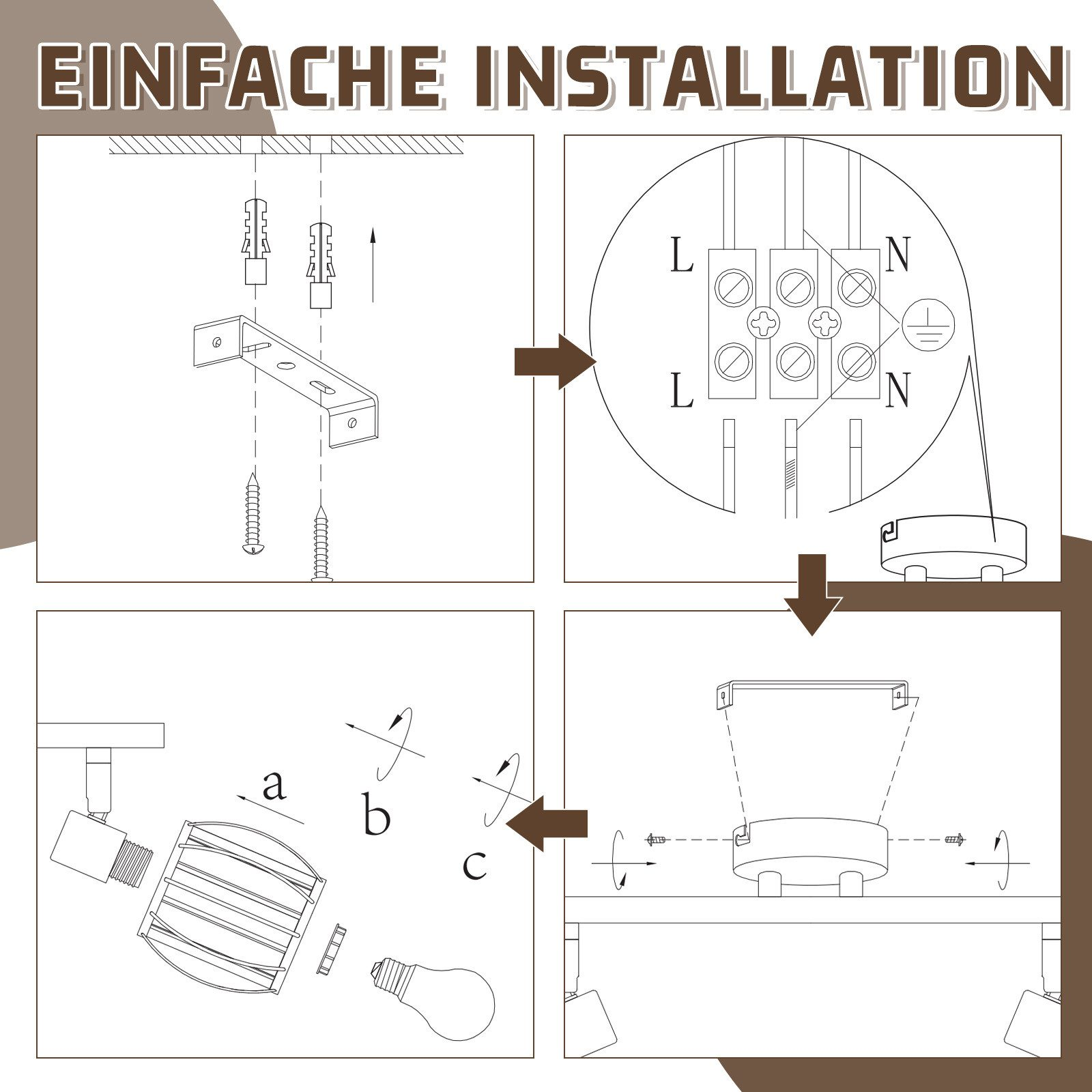 Schemat z instrukcjami montażu reflektora. Tekst w języku niemieckim: Einfache Installation.