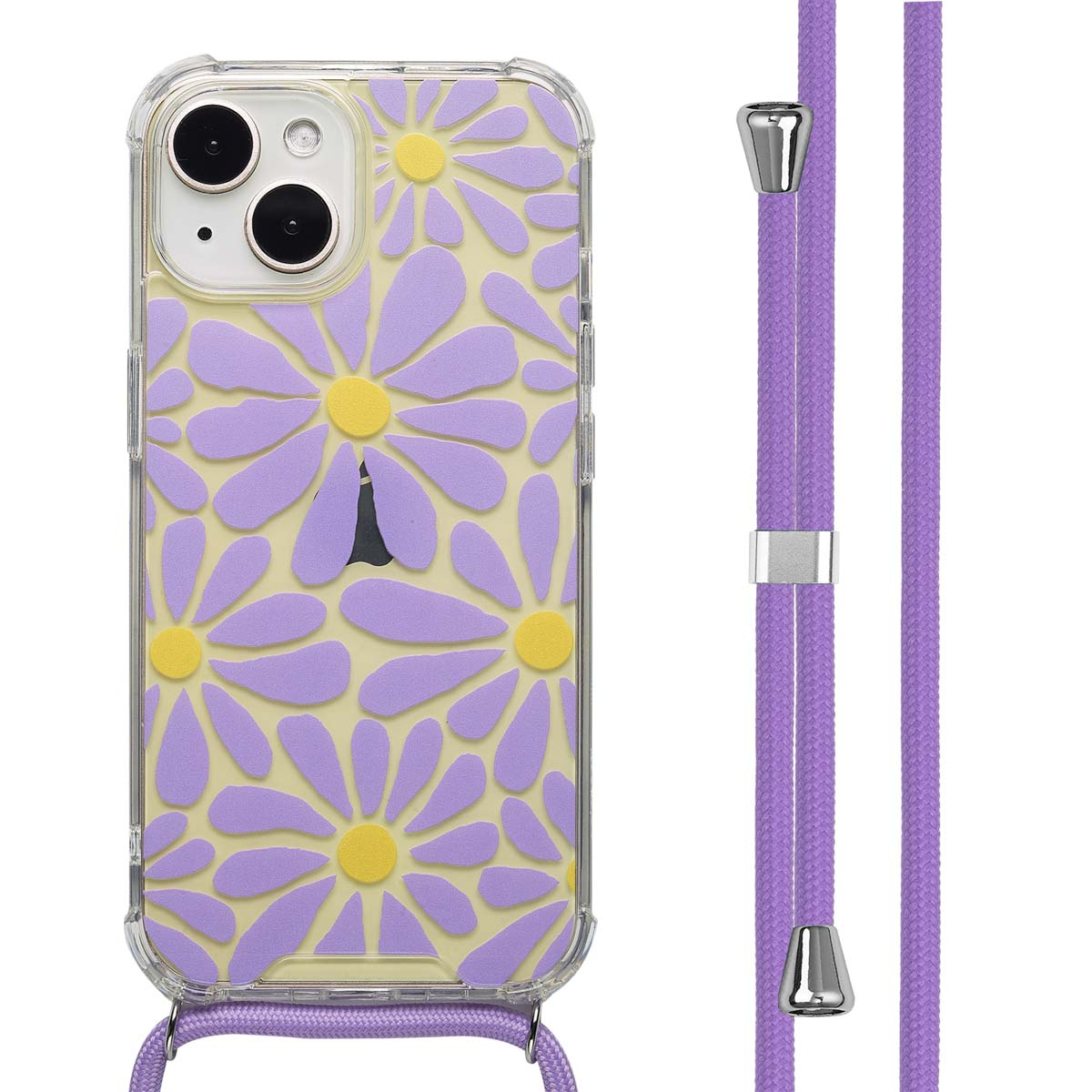 Telefoonhoesje met bloemenpatroon en een paarse band. De hoes is transparant.