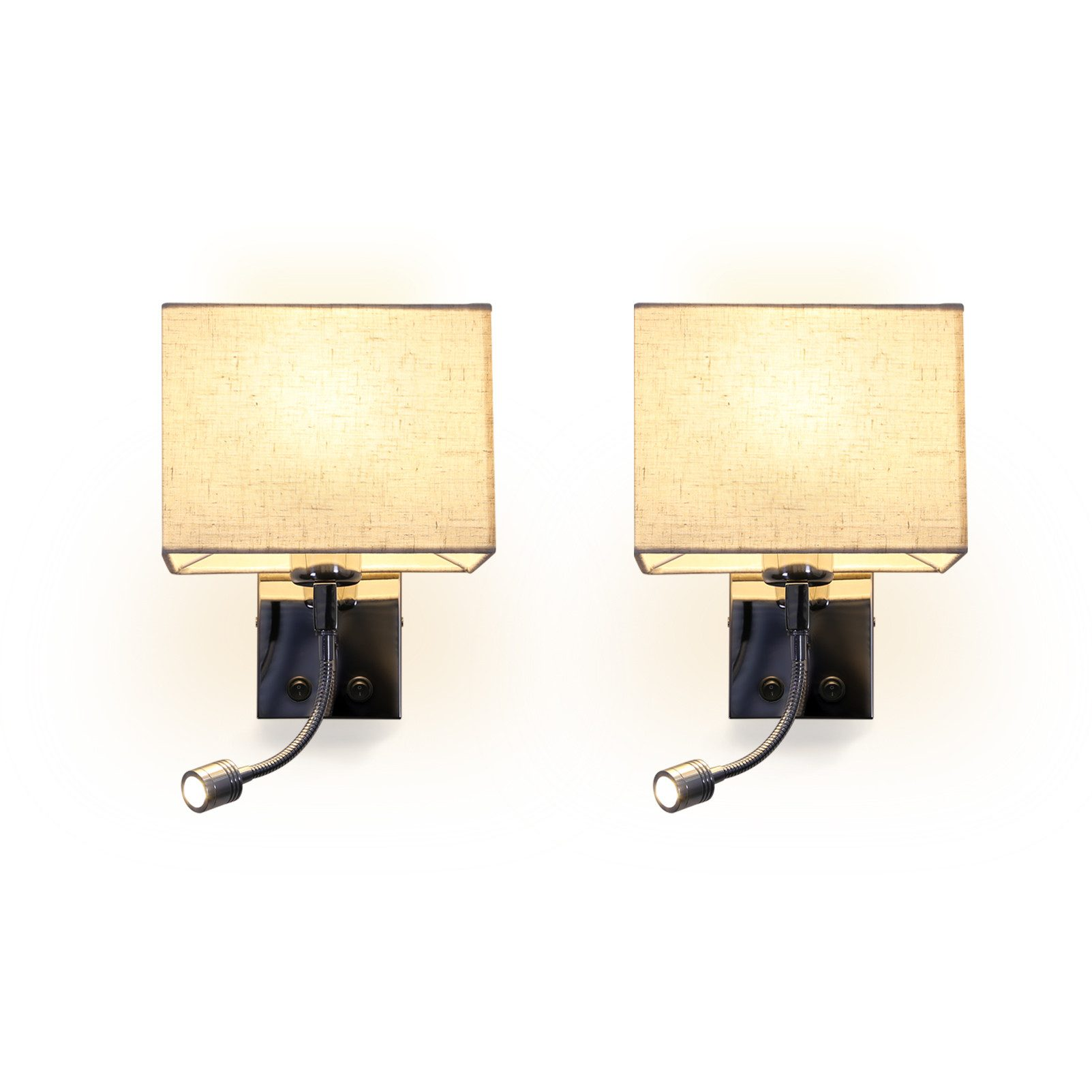 Due lampade da parete con paralumi rettangolari e luci di lettura flessibili, su sfondo bianco.