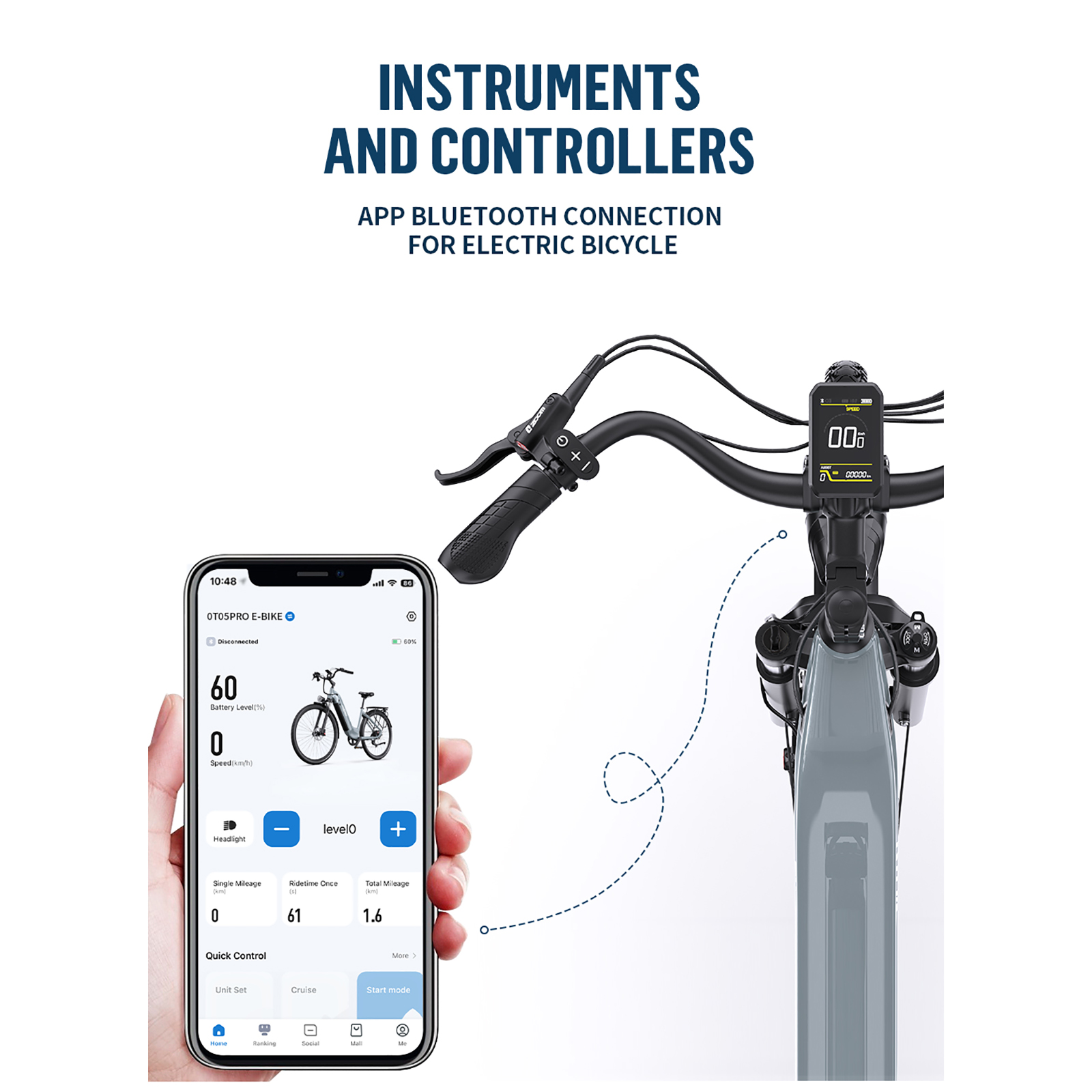 Kierownica roweru elektrycznego i ekran pokazujący poziom baterii 60. Tekst: Instrumenty i kontrolery. Telefon z informacjami o rowerze.
