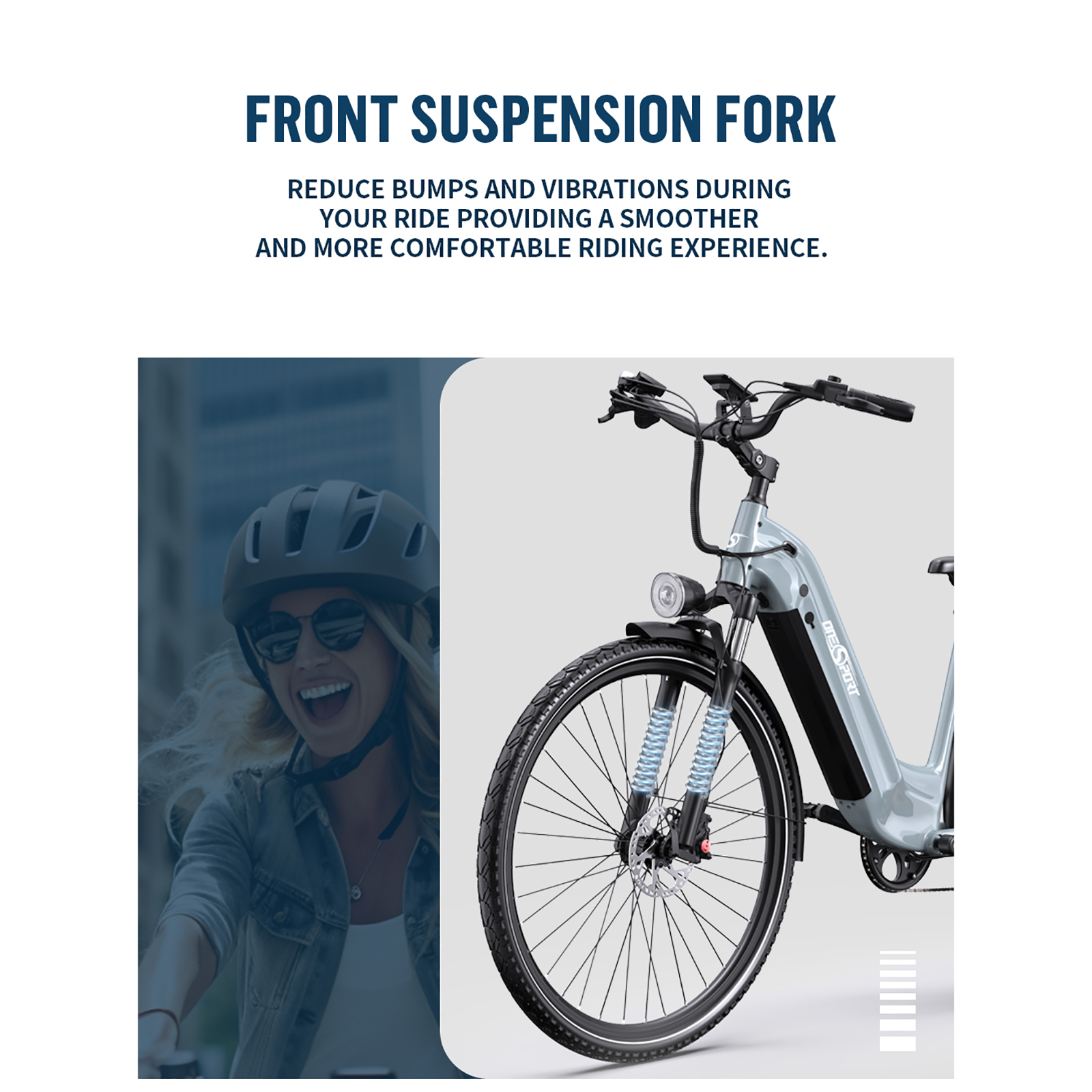 Kobieta jadąca szarym rowerem elektrycznym. Widoczny niebieski widelec amortyzowany i przednie światło.