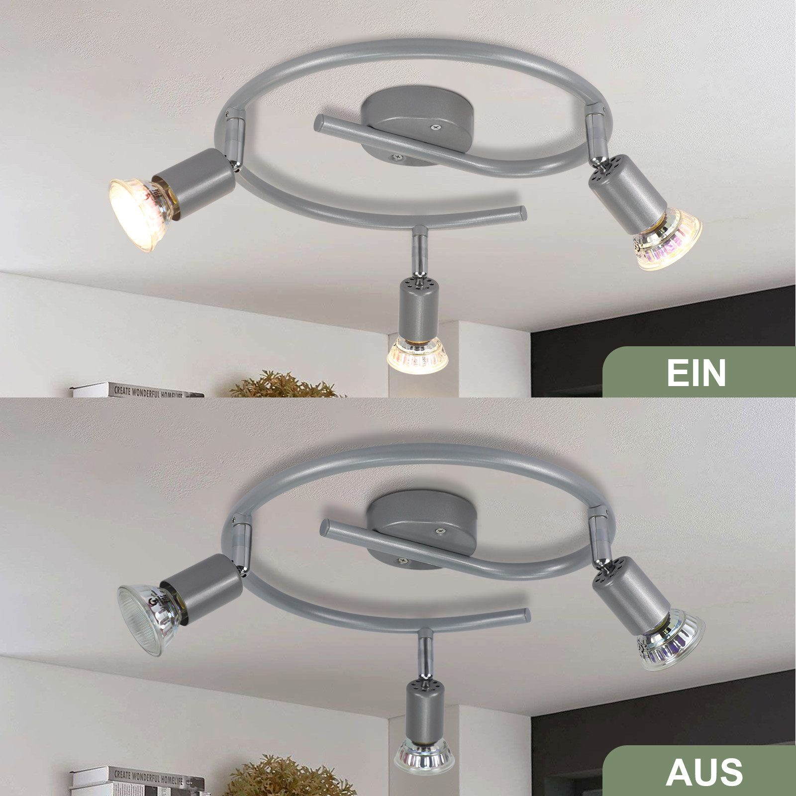 Oprawa oświetleniowa sufitowa z trzema reflektorami, jeden włączony i dwa wyłączone.