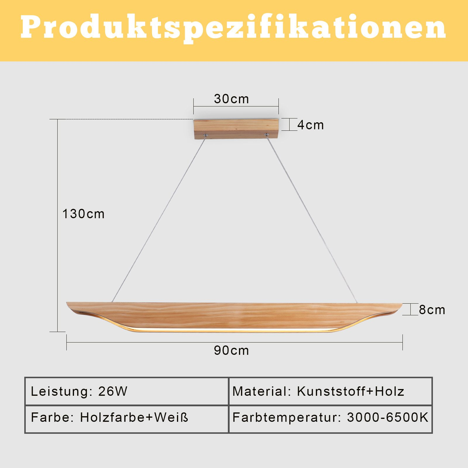 Diagramma delle specifiche del prodotto. Una lampada in legno con dimensioni: 130 cm di lunghezza, 90 cm di larghezza, 8 cm di spessore, 4 cm di altezza.