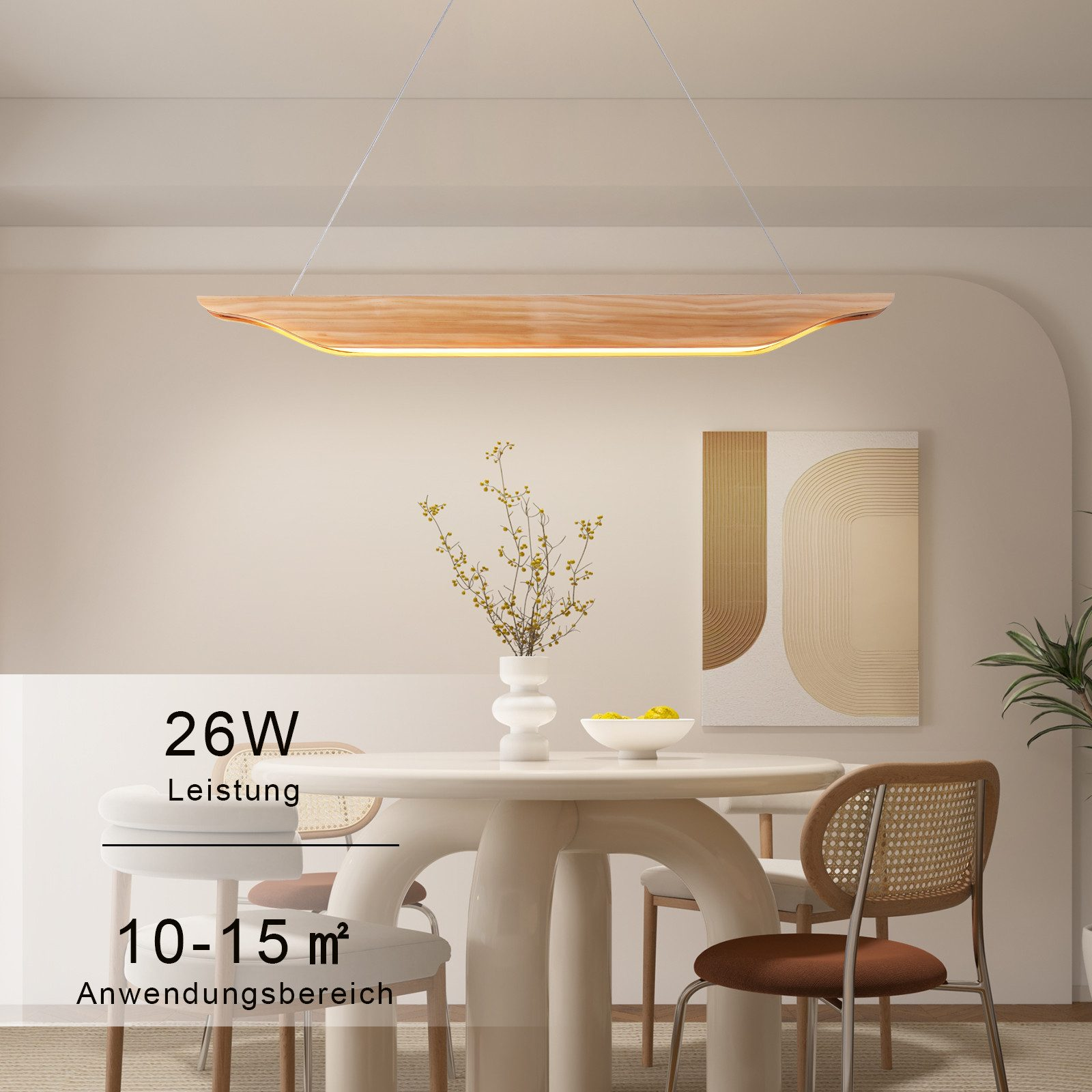 Una sala da pranzo moderna con un lampadario in legno, un tavolo rotondo e sedie.