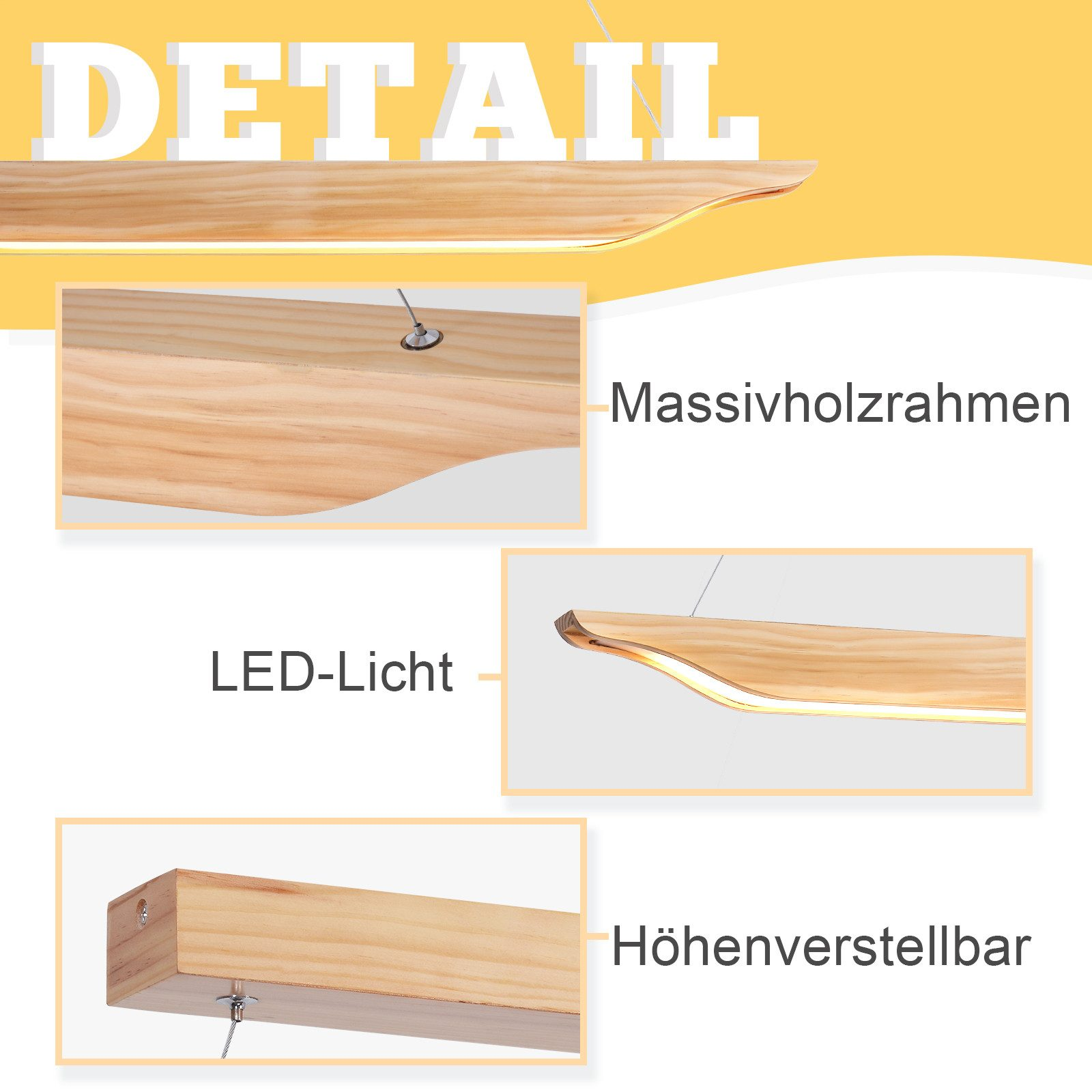 Immagini dettagliate mostrano un apparecchio di illuminazione in legno con luce LED e altezza regolabile.