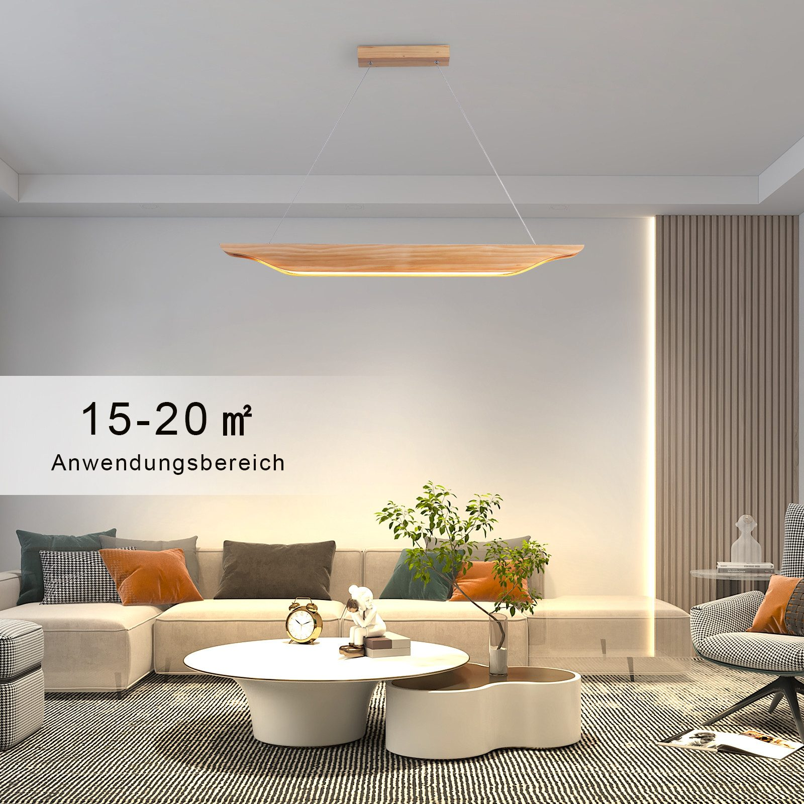 Soggiorno con divano, tavolo e lampada da soffitto in legno. Testo: Area di applicazione 15-20 m².