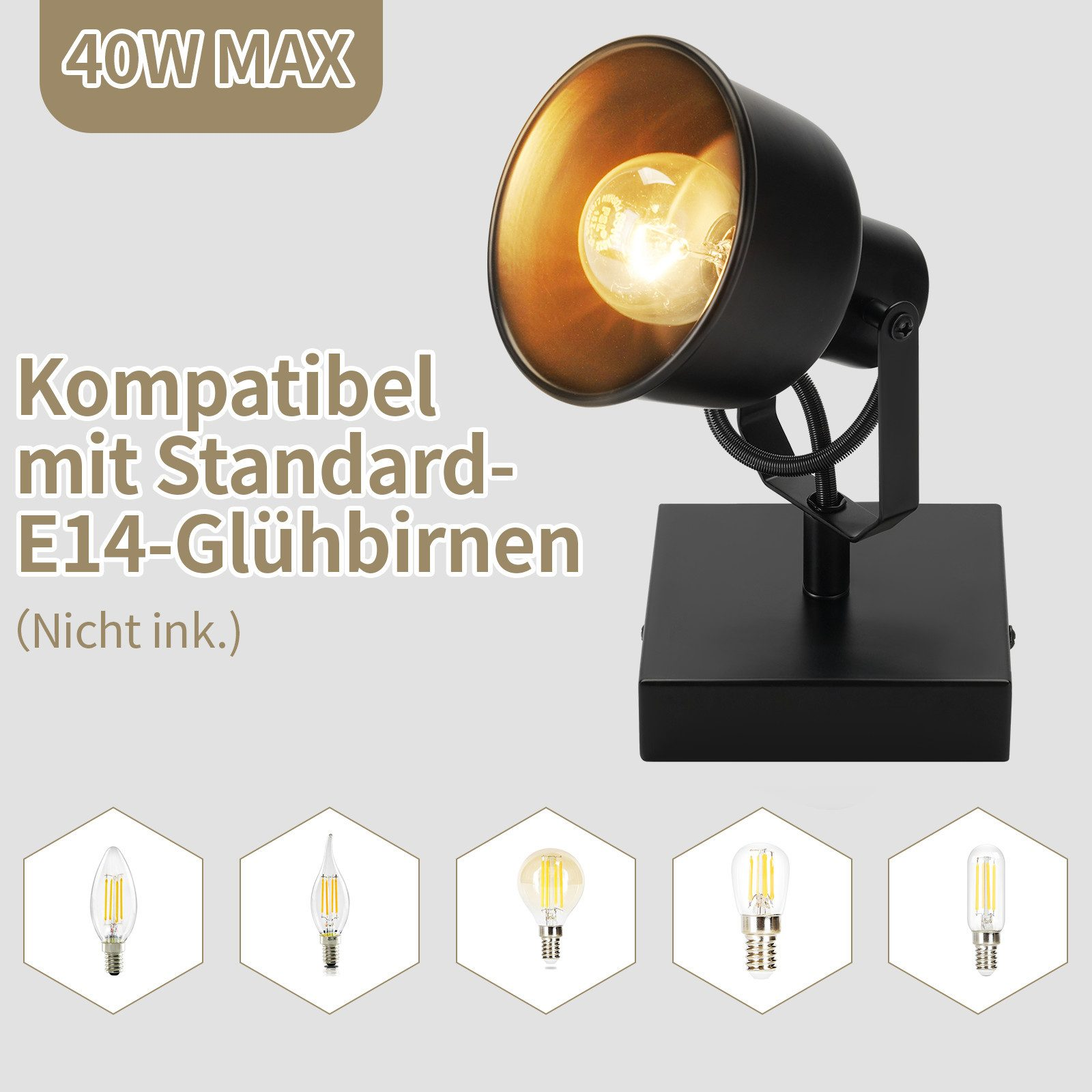 Czarny reflektor z żarówką jest pokazany z tekstem "Kompatybilny ze standardowymi żarówkami E14" i ikonami żarówek.