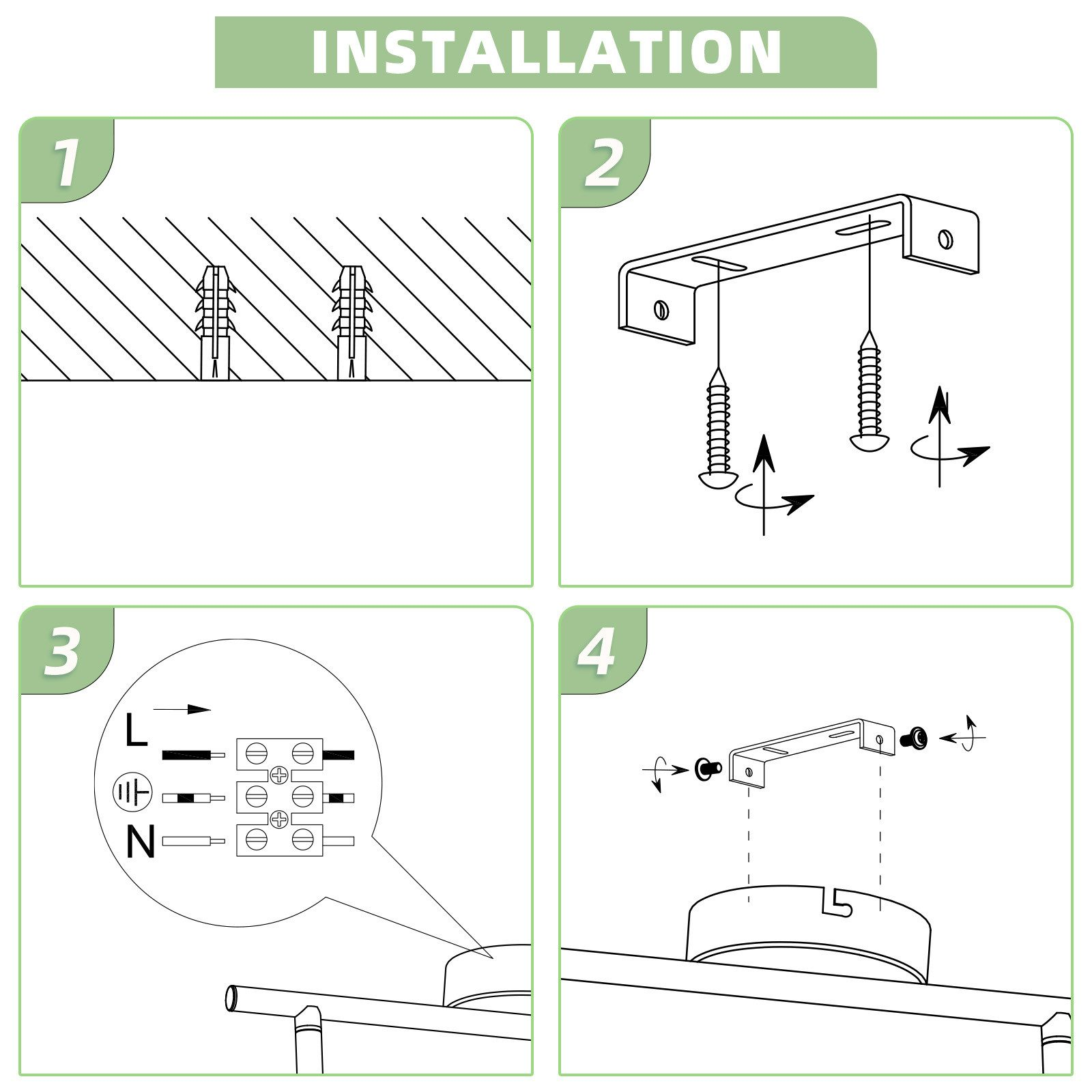 Kroki instalacji ze śrubami. Ściana z otworami na śruby. Wspornik i śruby. Schemat połączeń elektrycznych.