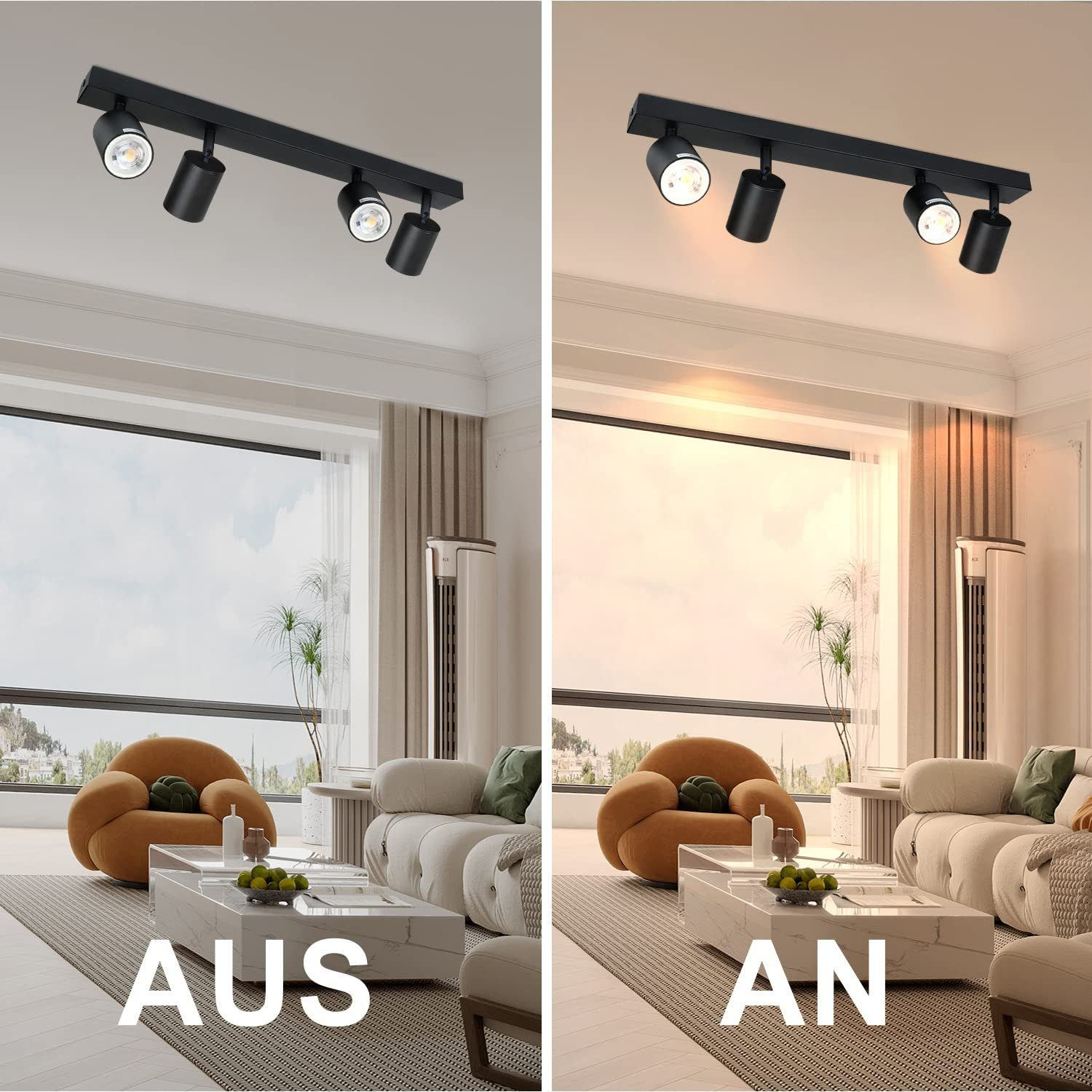 Salon z włączonym i wyłączonym światłem, pokazujący efekt oświetlenia.