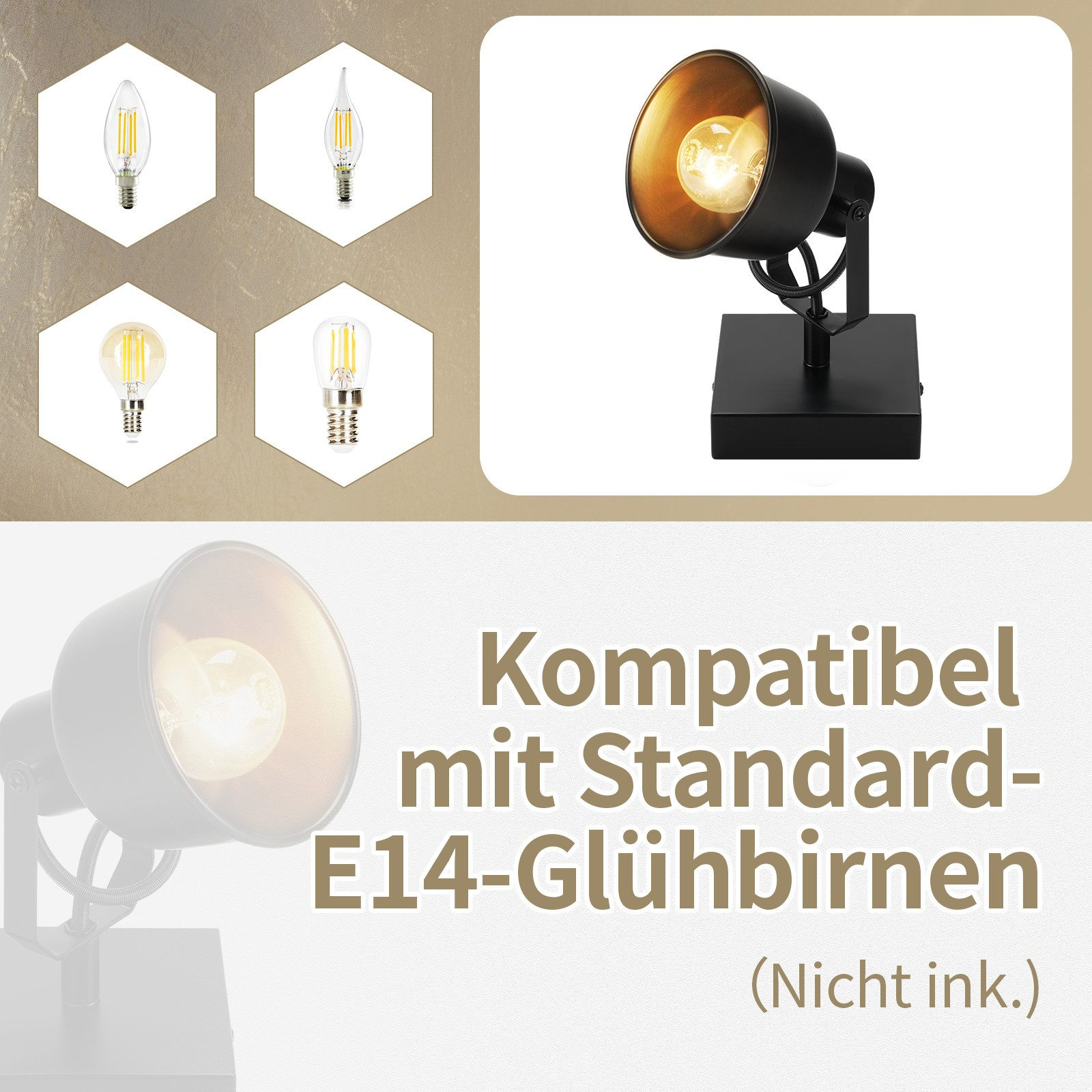 Czarny reflektor z żarówkami E14. Pokazano cztery rodzaje żarówek. Tekst: Kompatybilny z żarówkami E14.