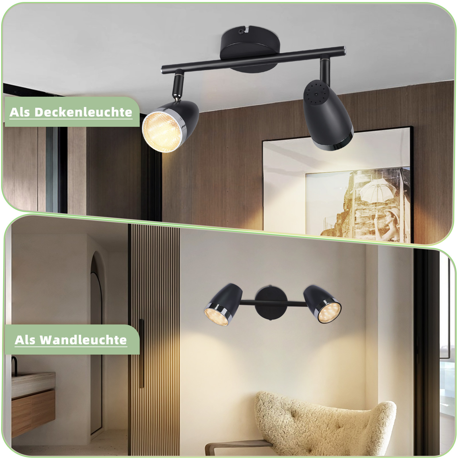 Dwa obrazy reflektorów. Jeden jako oświetlenie sufitowe, a drugi jako oświetlenie ścienne. Oba są czarne.