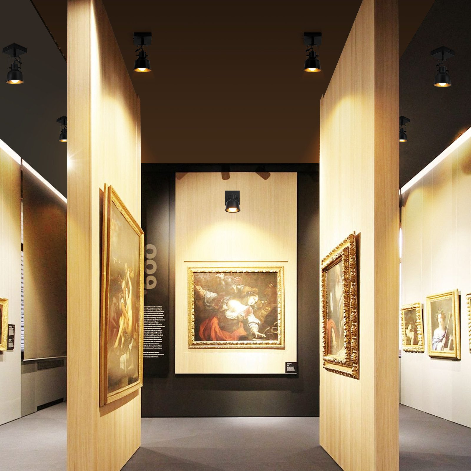 Wnętrze galerii sztuki z obrazami, drewnianymi panelami i oświetleniem szynowym. Widok z głęboką perspektywą.