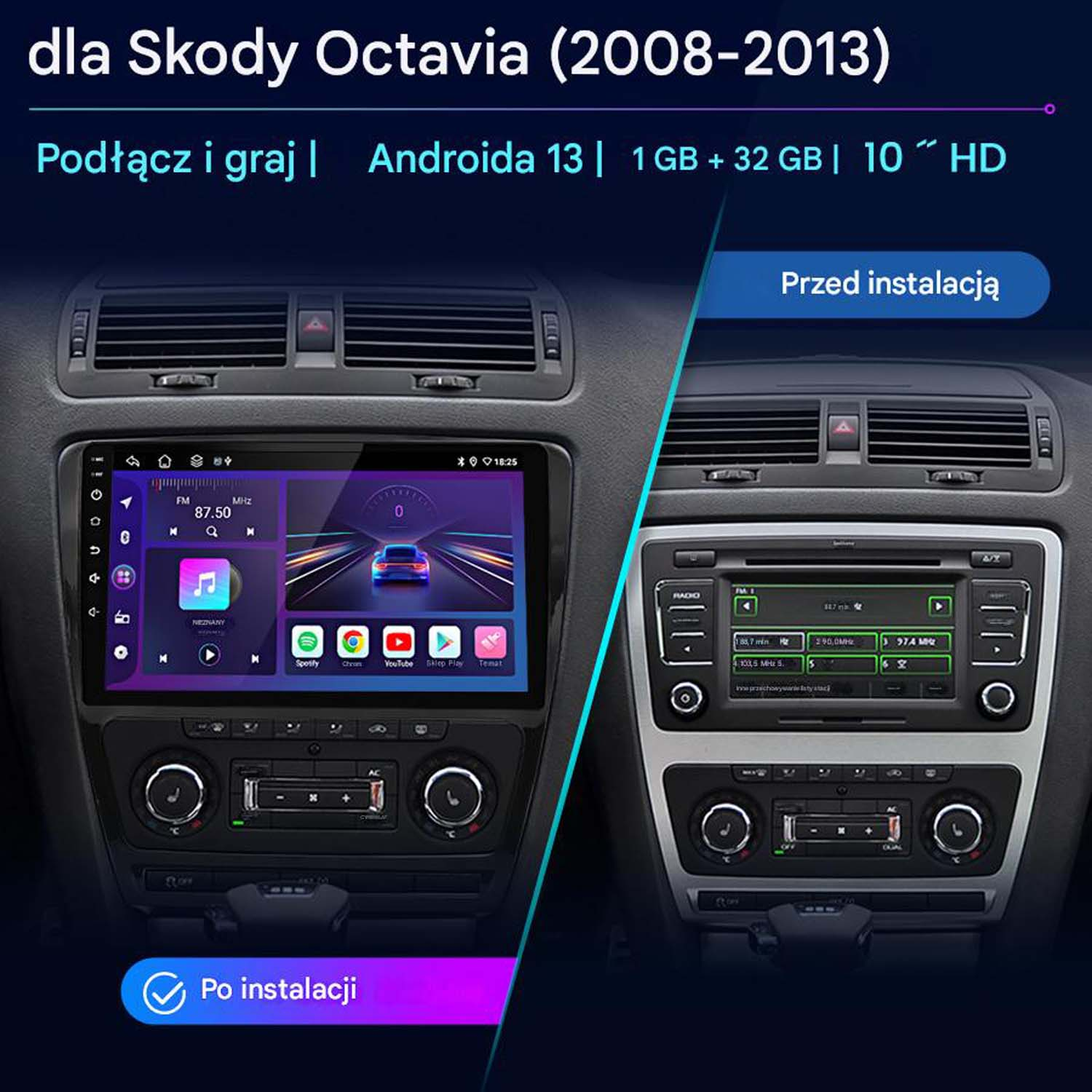 Instalacja radia samochodowego pokazująca widoki przed i po. Tekst po polsku. Zawiera ekran z ikonami.