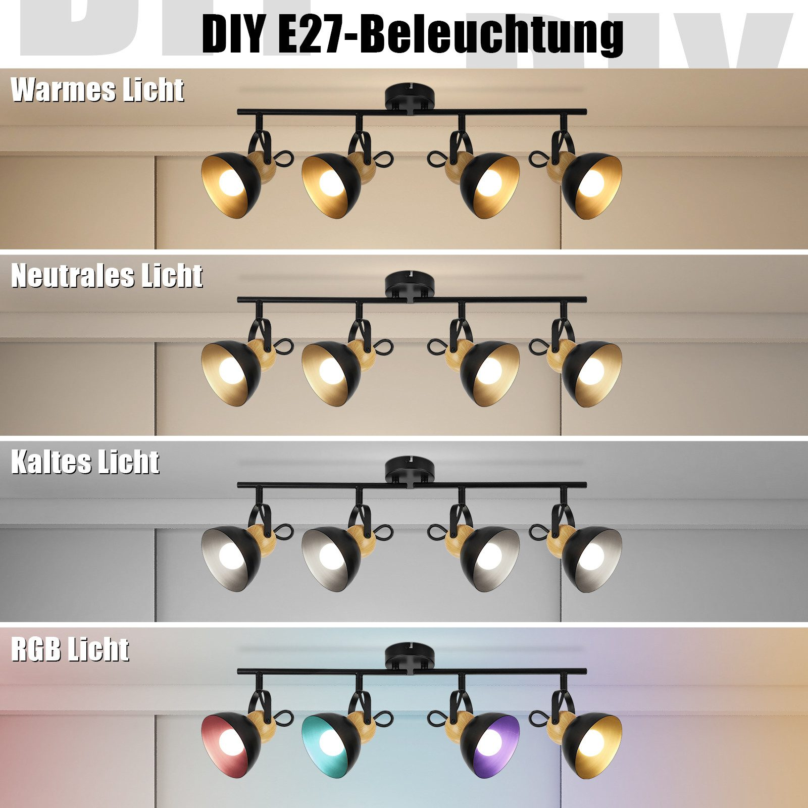 Cztery rzędy lamp sufitowych, każda z innym kolorem światła: ciepłym, neutralnym, zimnym i RGB.