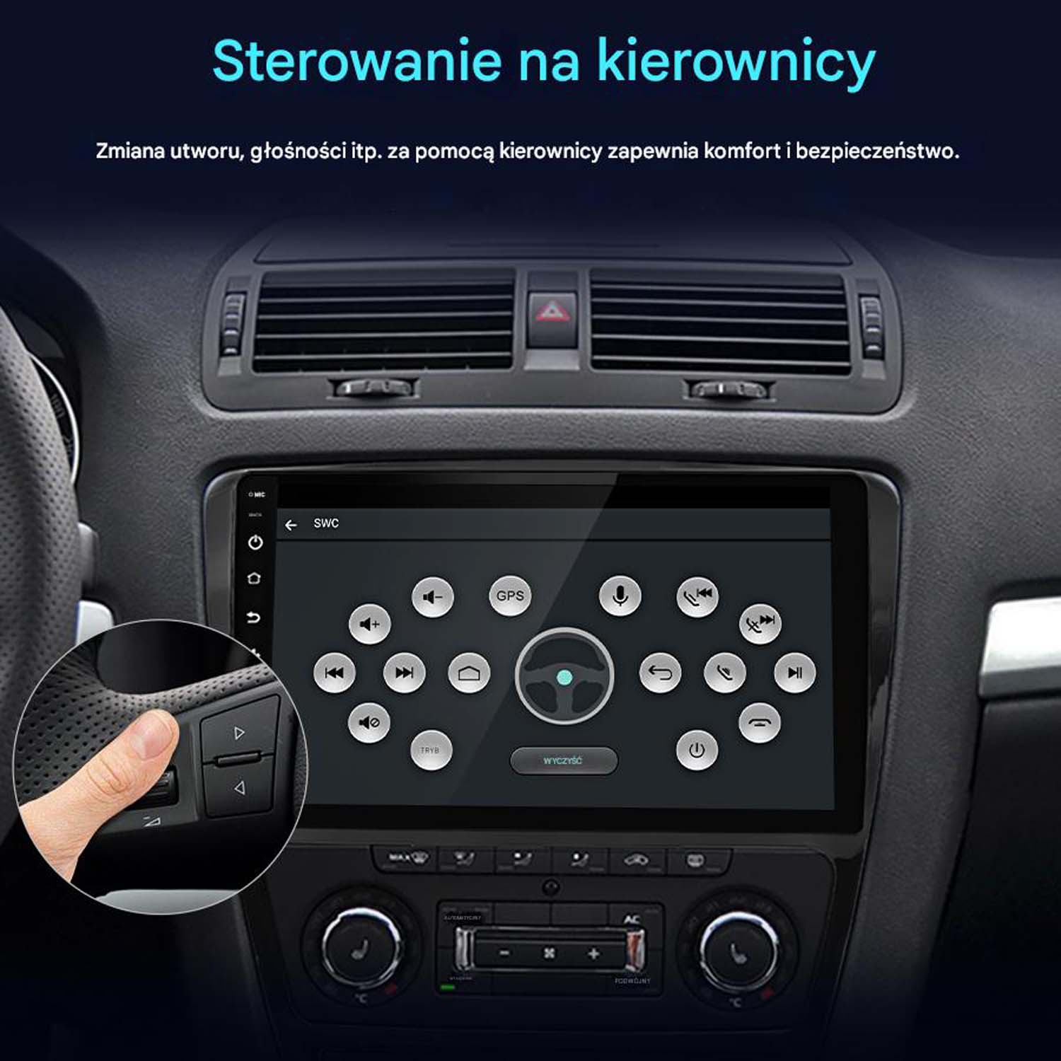 Ekran informacyjno-rozrywkowy samochodu z elementami sterowania na kierownicy, interfejs z ikonami.