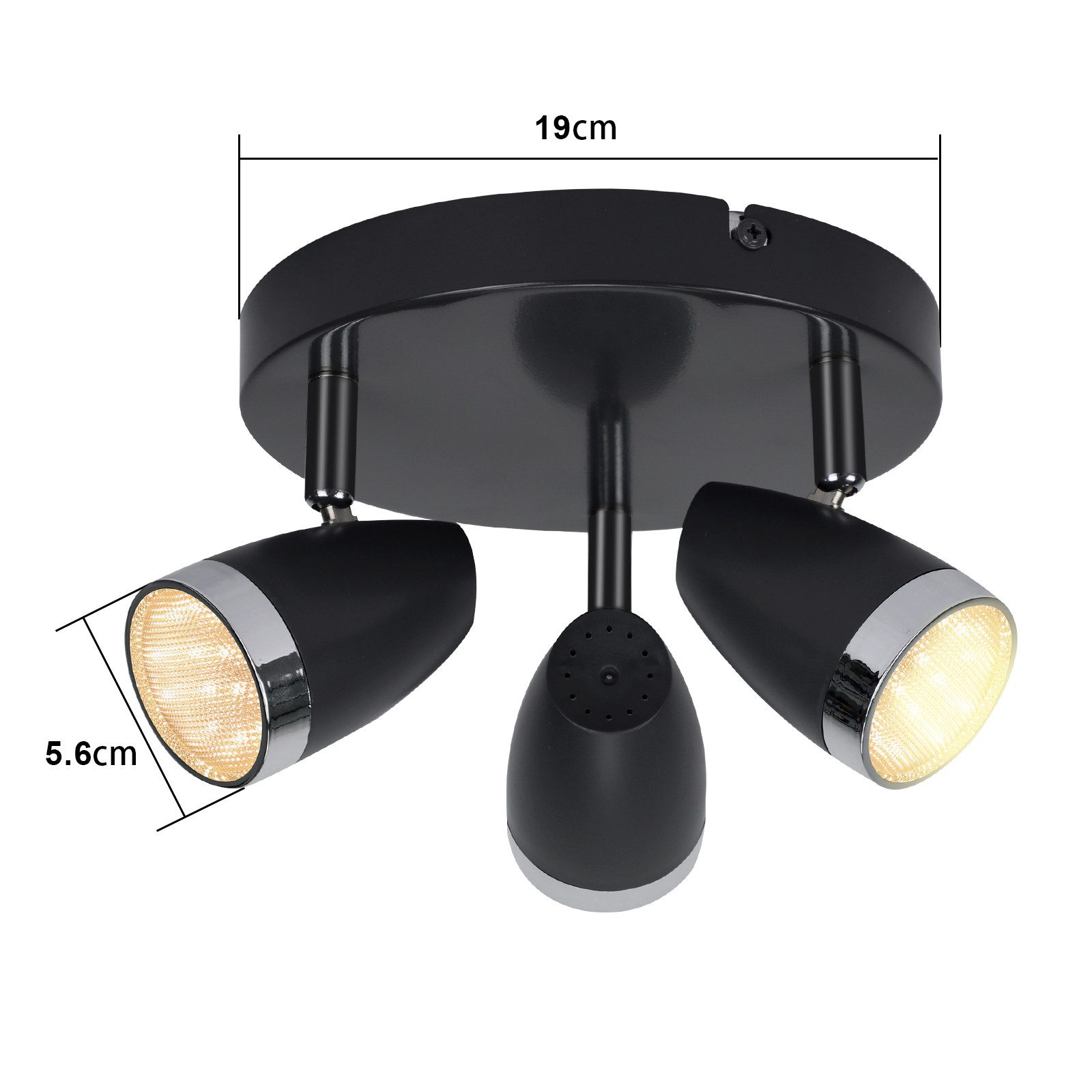 Czarna lampa sufitowa z trzema reflektorami, wymiary na białym tle.