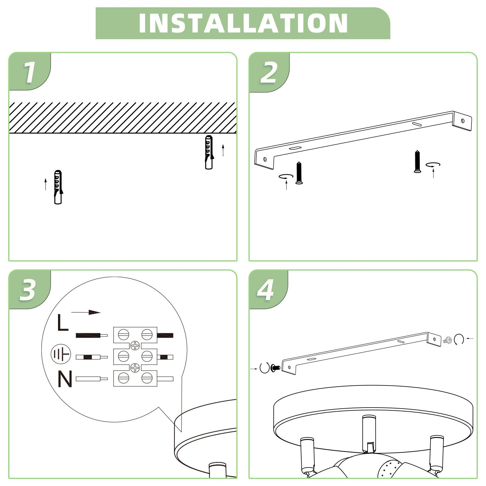 Kroki instalacji: wiercenie, wkręcanie i podłączanie przewodów, z diagramami dla oprawy oświetleniowej.