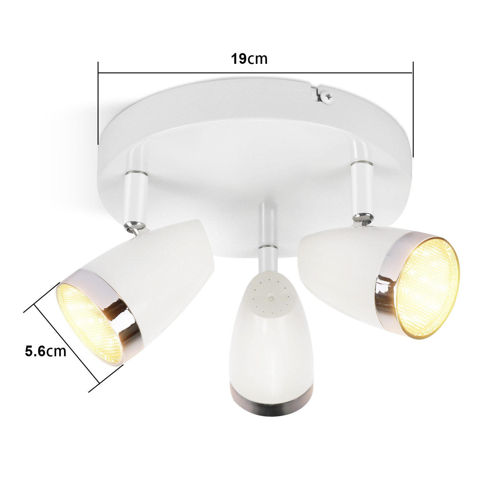 Biała lampa sufitowa z trzema regulowanymi reflektorami. Wymiary: 19cm szerokości i 5,6cm wysokości.