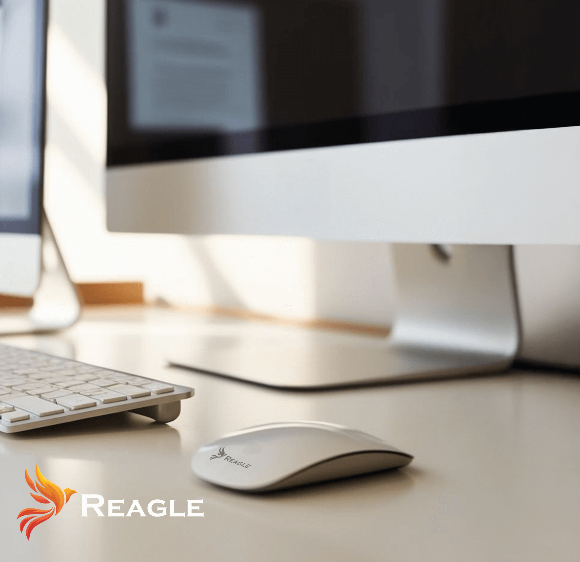 Nowoczesna konfiguracja komputera z monitorem, klawiaturą i białą myszą na białym biurku.