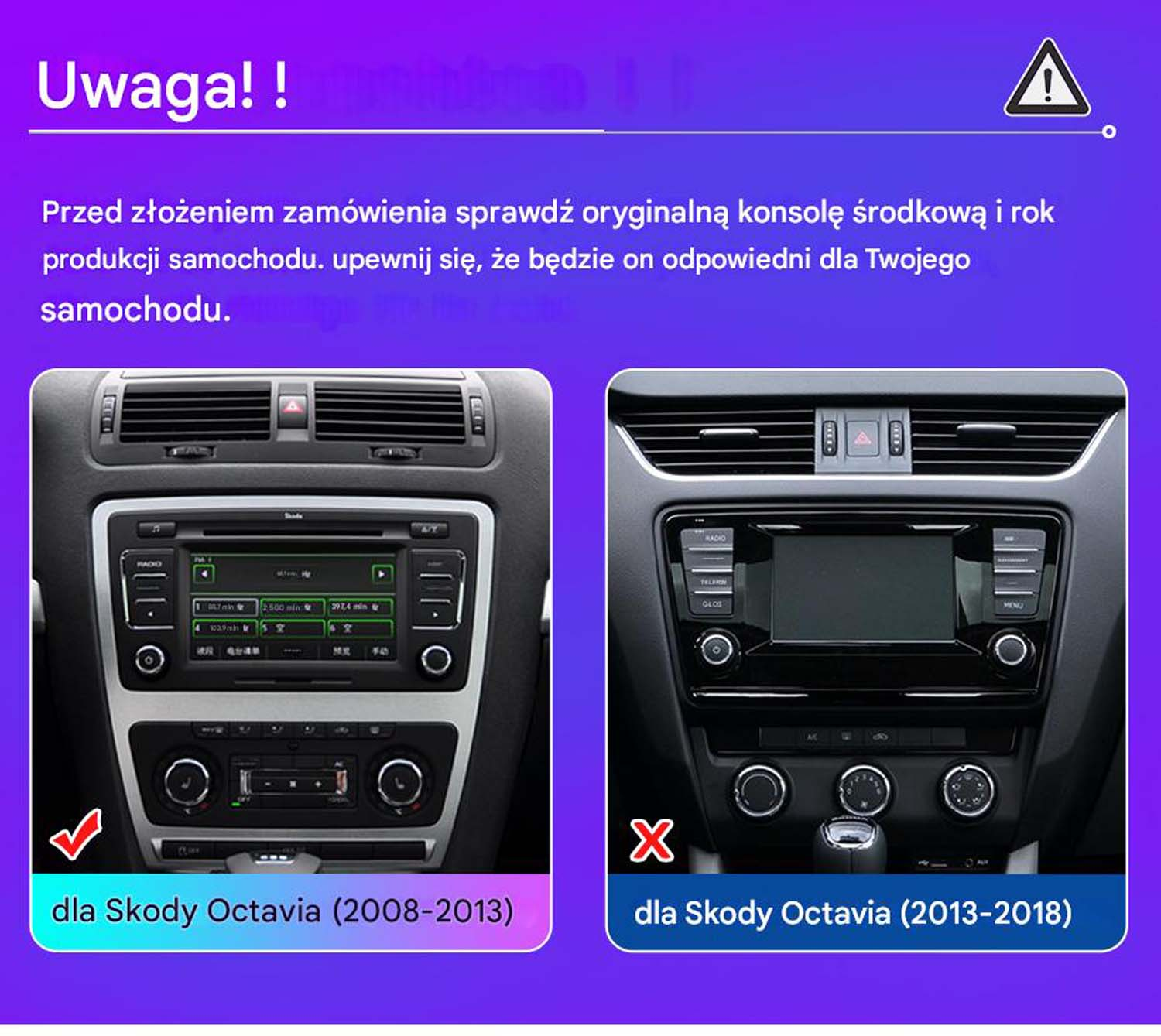 Porównanie deski rozdzielczej samochodu: dwa zestawy radia, jeden z ekranem, a drugi bez, aby określić kompatybilność.