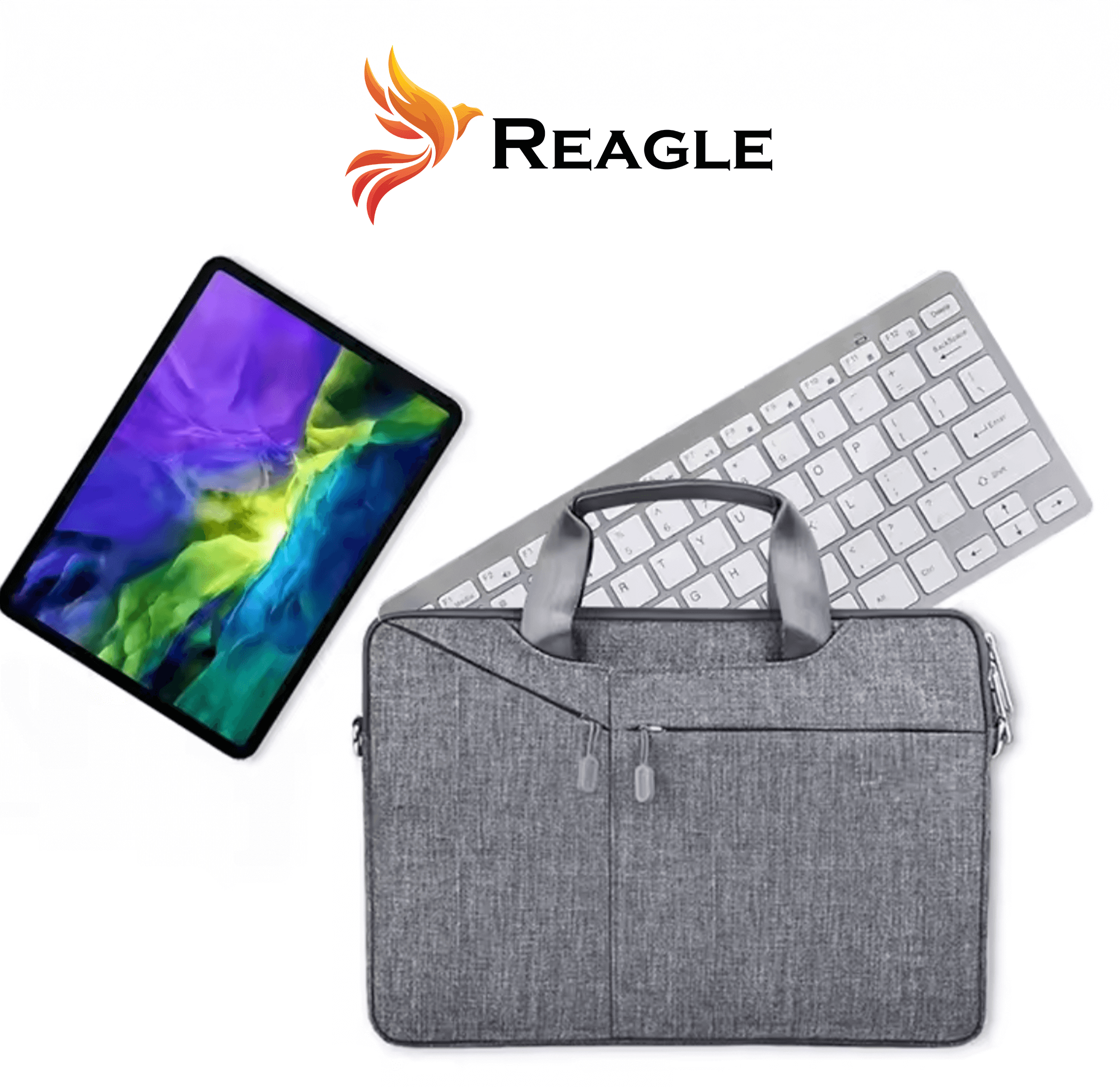 Szara torba na laptopa z klawiaturą, tabletem i logo w lewym górnym rogu.
