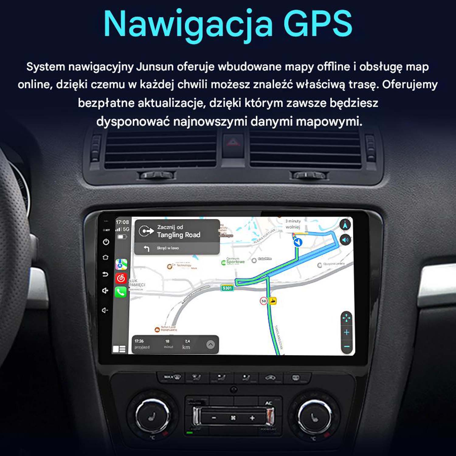 Ekran nawigacji samochodowej wyświetlający mapę z trasą GPS.