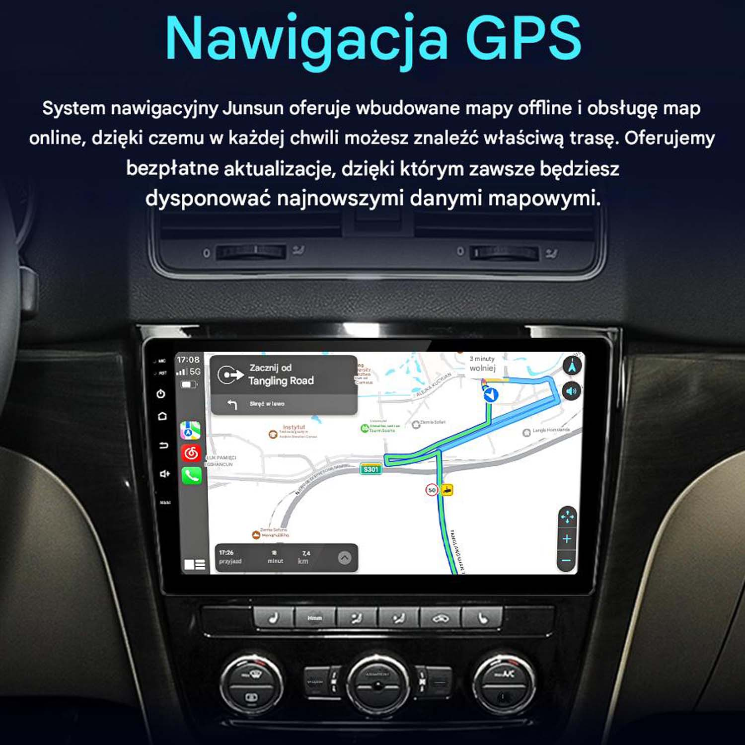 Ekran nawigacji samochodowej wyświetlający mapę z trasą GPS.